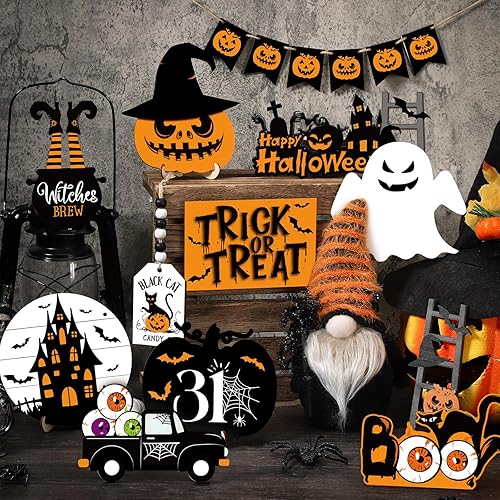 Miniatura 2 de Geetery Juego de 18 piezas de decoración de Halloween para bandejas escalonadas de Halloween, letrero de madera, lindo gnomo de felpa, calabaza,