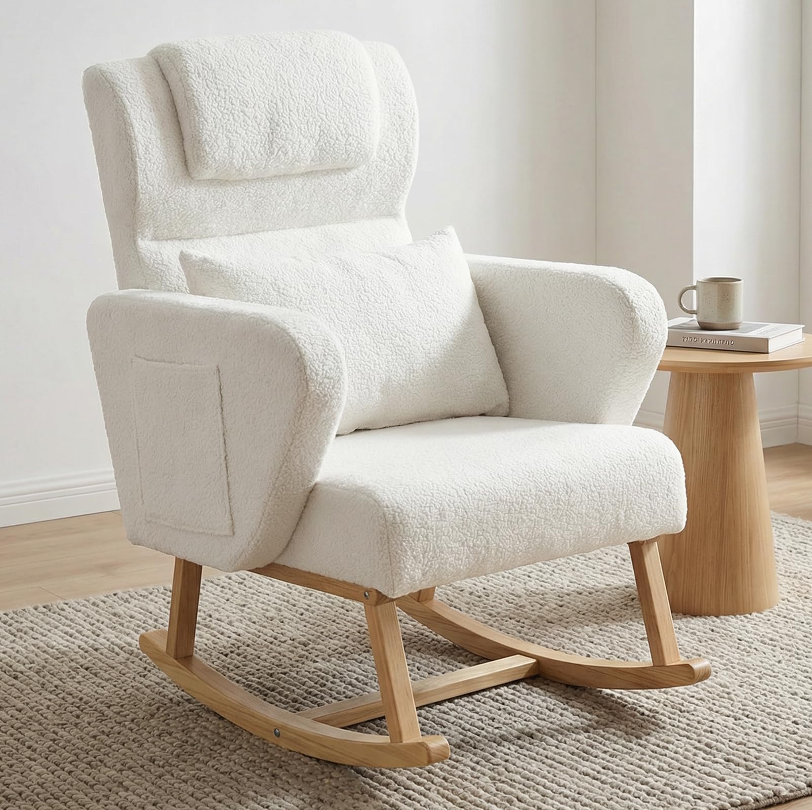 Skokliz Glider Rocking Chair for Nursing, Rocking Chair Nursery with Solid Wood, Upholstered Nursery Chair with High Back and Side Pocket, Accent Armchair for Living Room Bedroom, Small Spaces
