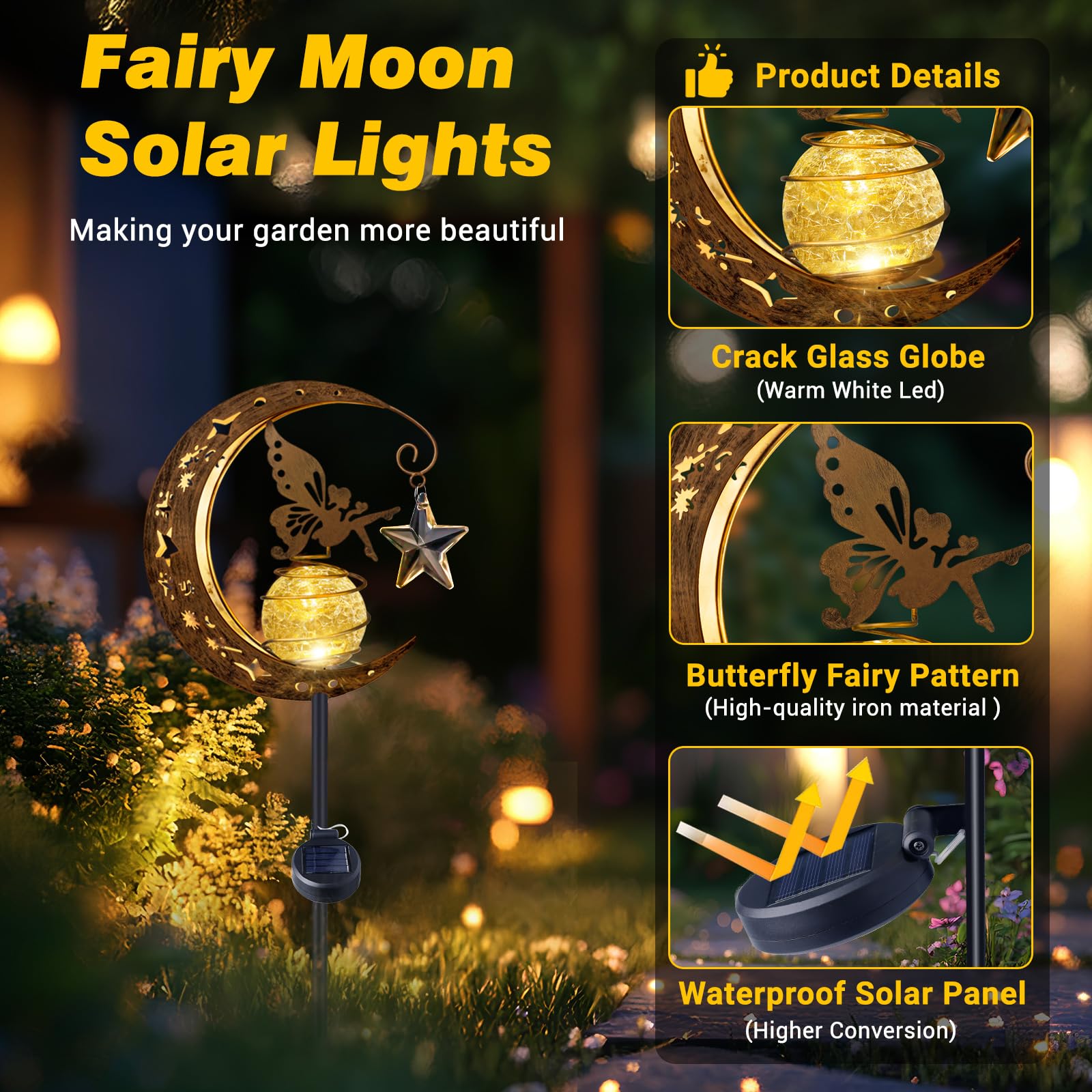 Solar Lights Outdoor Garden Ornaments, IP65 Waterproof Moon Fairy Solar Light Crackle Glass Ball - Image 2