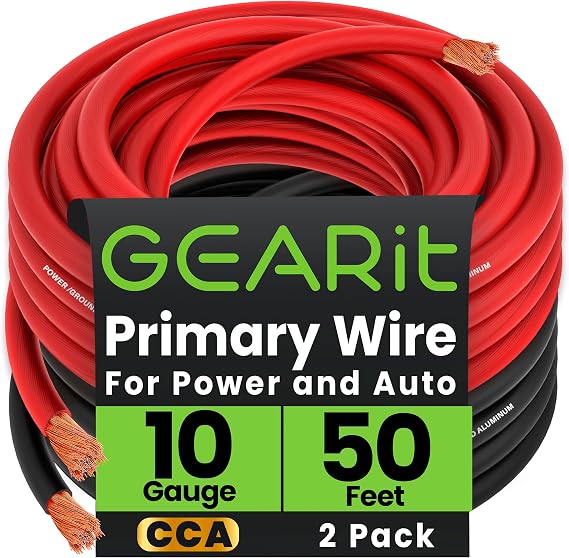 GEARit 10 Gauge Primary Wire CCA, 10 AWG Copper Clad Aluminum Power & Ground Battery Cable, 50 ft Each Black & Red Pair (100 ft Total) for Automotive, Car Audio, Trailer