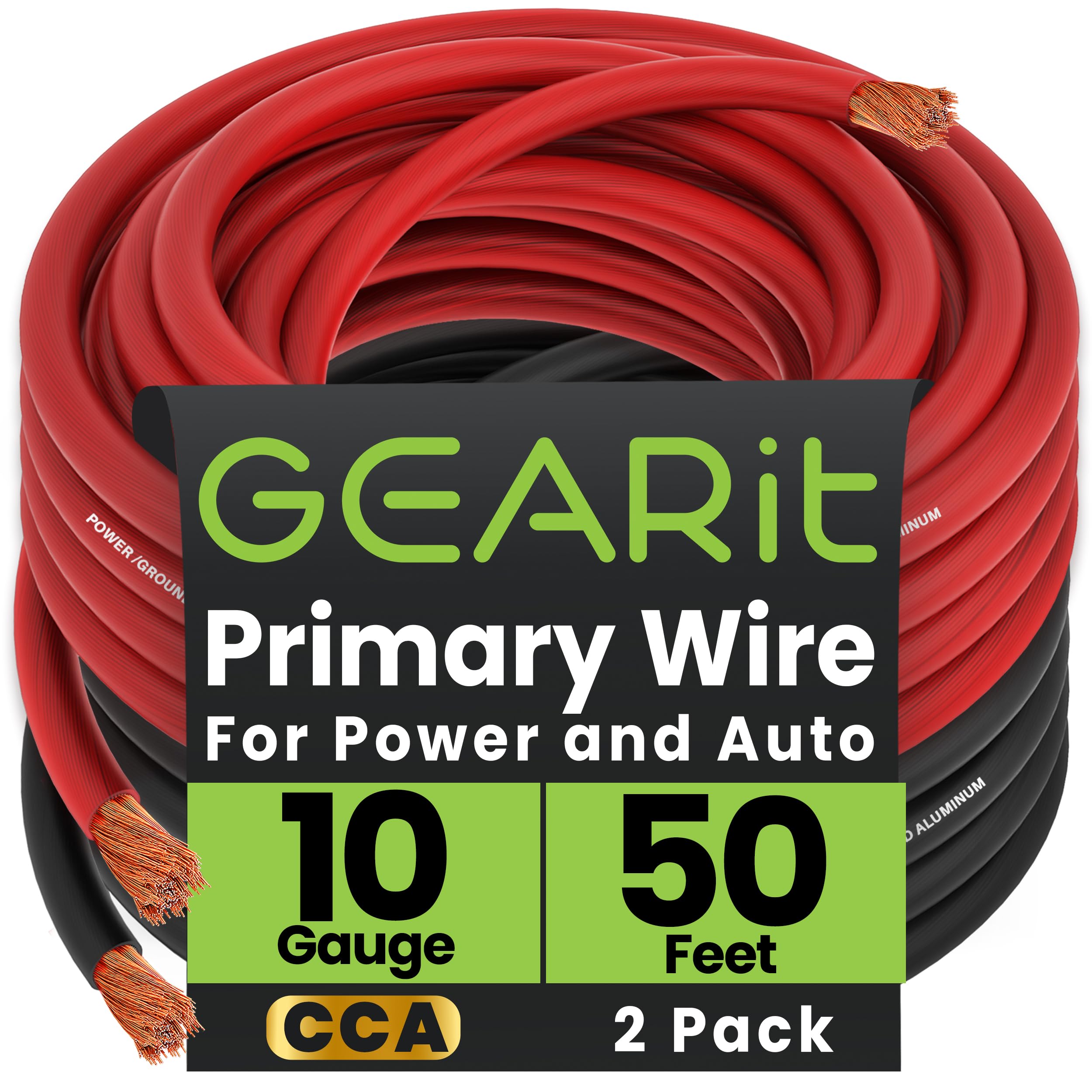 GEARit 10 Gauge Wire (50ft Each - Black/Red) Copper Clad Aluminum CCA - Primary Automotive Power/Ground for Battery Cable, Car Audio, Trailer Harness, Electrical - 100 Feet Total 10ga AWG Wire