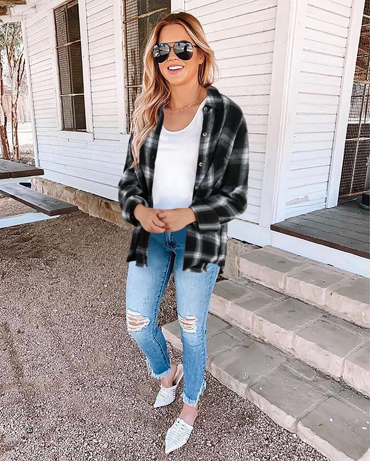 Imily Bela Camicia da donna a quadri, casual, a maniche lunghe, in flanella, a quadretti, a maniche lunghe.