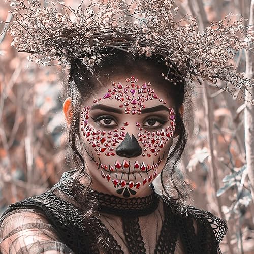 Tatuaje facial temporal con purpurina roja con diamantes de imitación para el Día de los Muertos, calavera de azúcar, gemas faciales, calcomanías