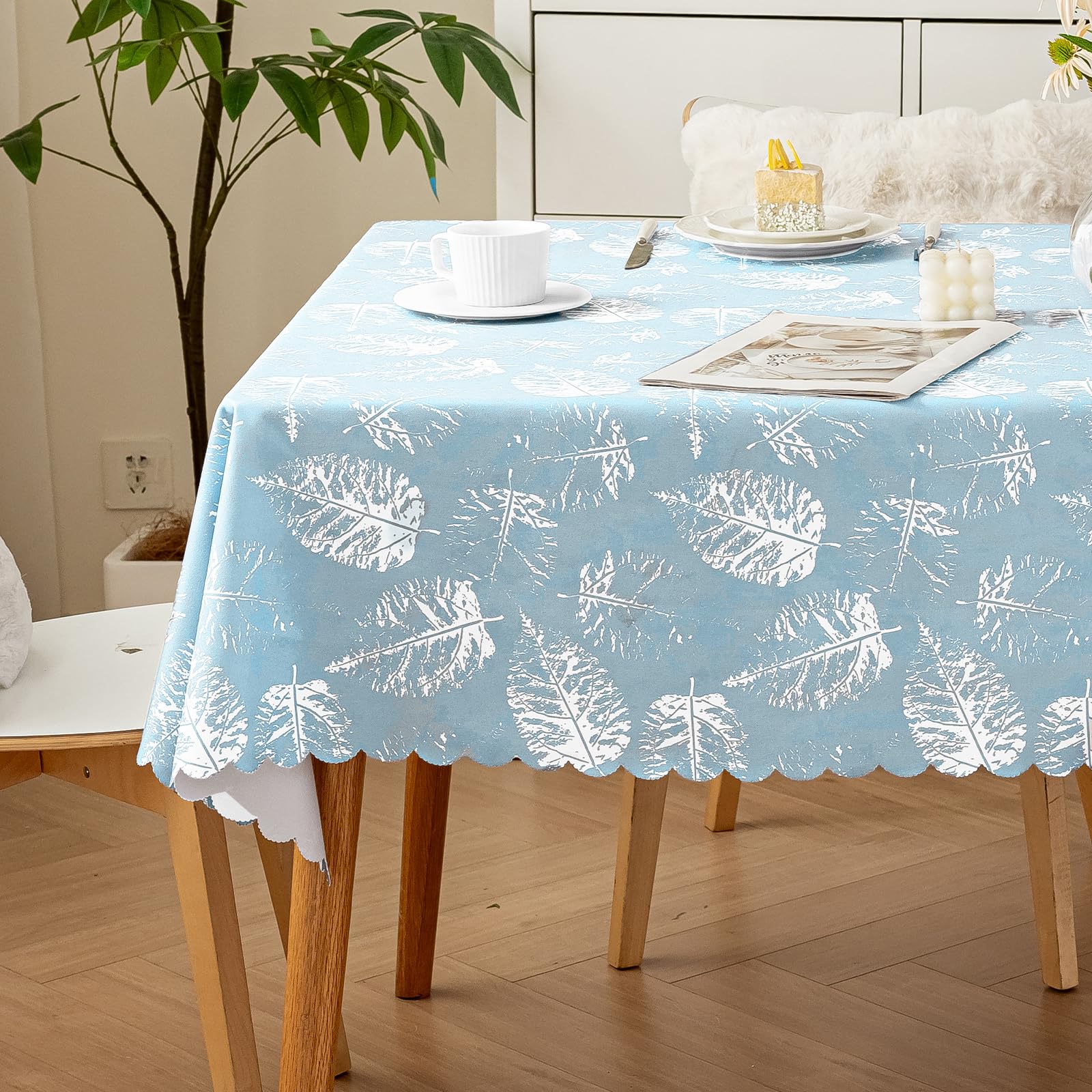 meioro Polyester Tablecloth Wipe Clean, 100x160cm Rectangle Water Resistant Waterproof Decorative Leaf Table Cover Protector for Home Picnic Party Outdoor Decorations (Blue)