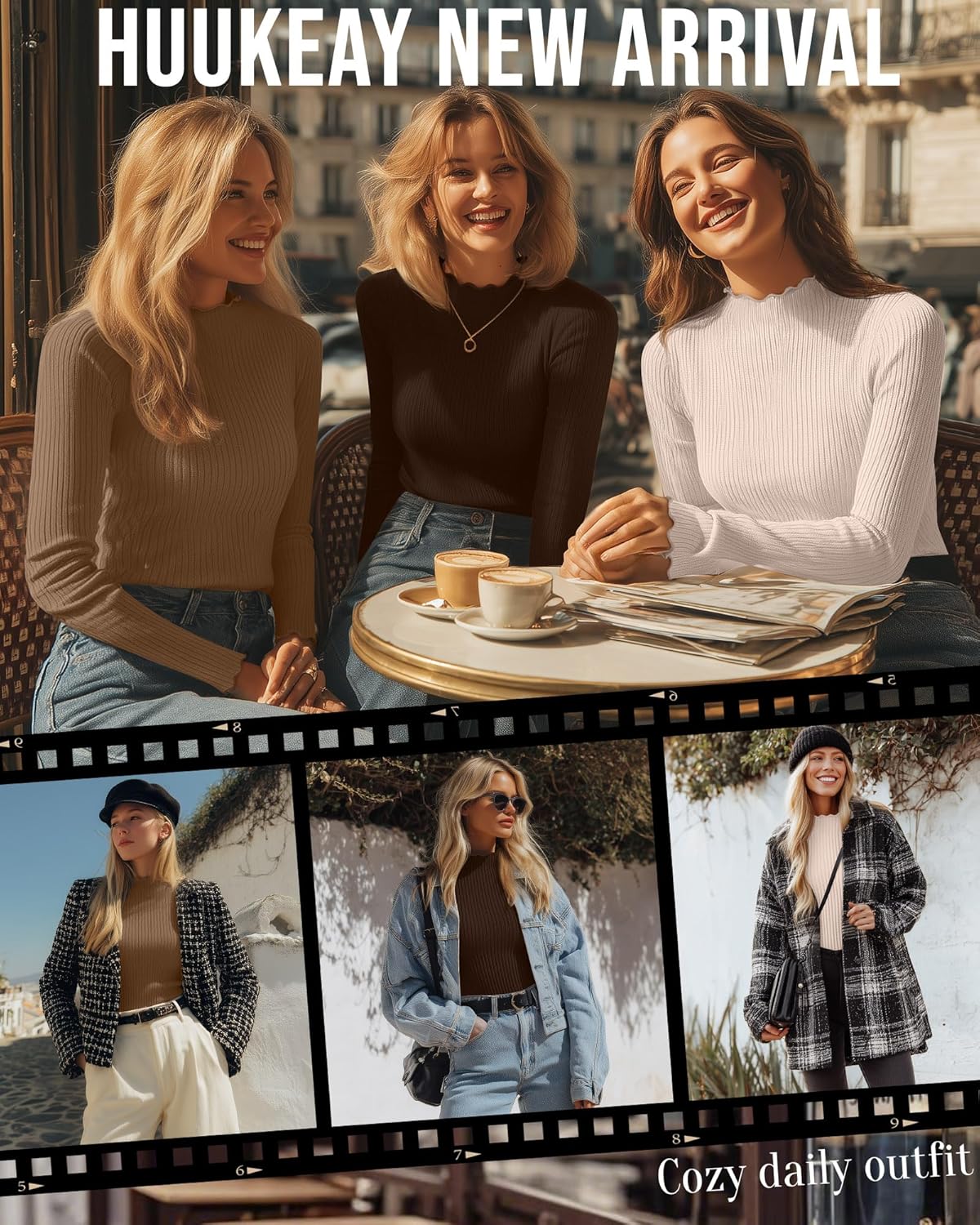 Huukeay 3 Pack Women's Ribbed Mock Turtleneck Shirts Cotton Long Sleeve Tops Lettuce Trim Slim Fit Soft Tees for Layering - Image 4