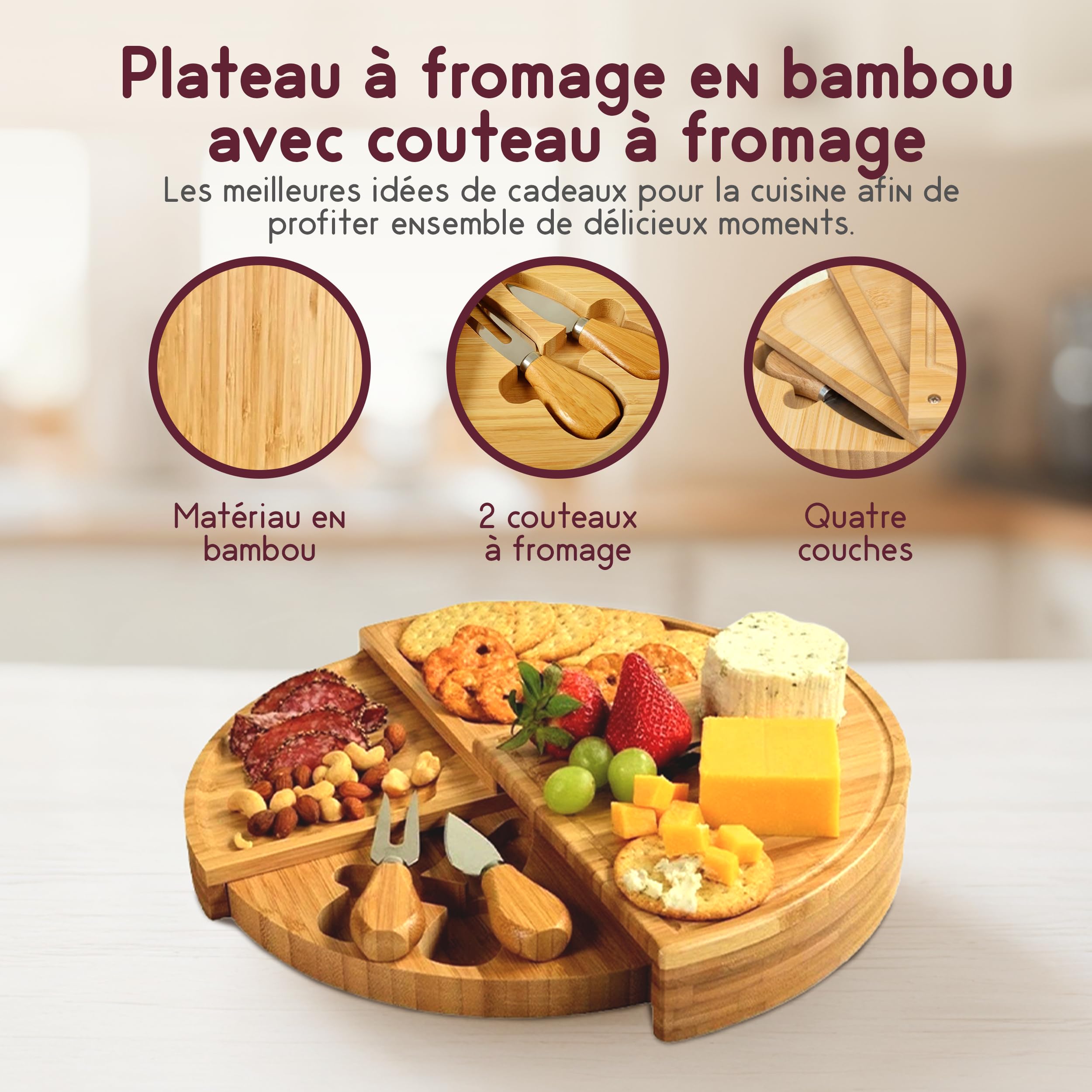 Plateau à Fromage Rond en Bambou avec Couteau à Fromage, Plateau de Service Tournant en Bois à 4 Couches, Plateau en Bois Coulissant pour Charcuterie, Amuse-Bouches et Planche Apéro.