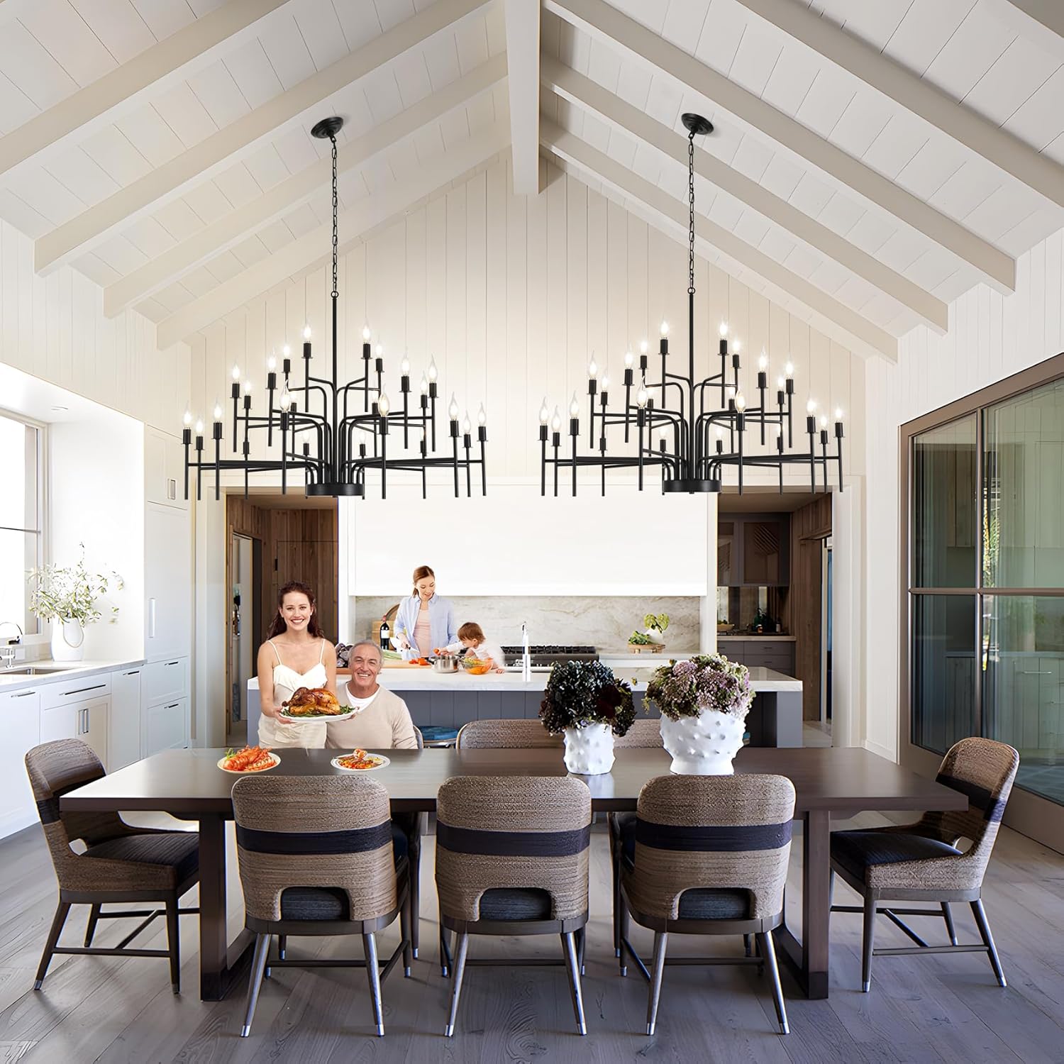 Modern Farmhouse Chandelier 24 Light Large Black Chandeliers for Dining Room Light Fixture, Round Iron Candle Chandelier 3-Tier 41”for High Ceilings Foyer Living Room Entryway Hallway, E12
