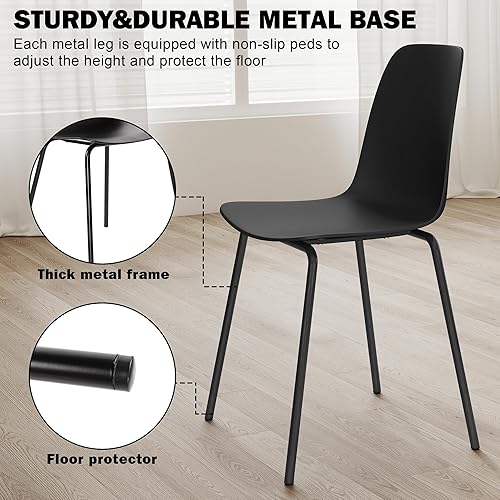 Miniatura 4 de thksbought Juego de 4 sillas de cocina de mediados de siglo, sillas de comedor de plástico negro, sillas para exteriores con patas de metal para