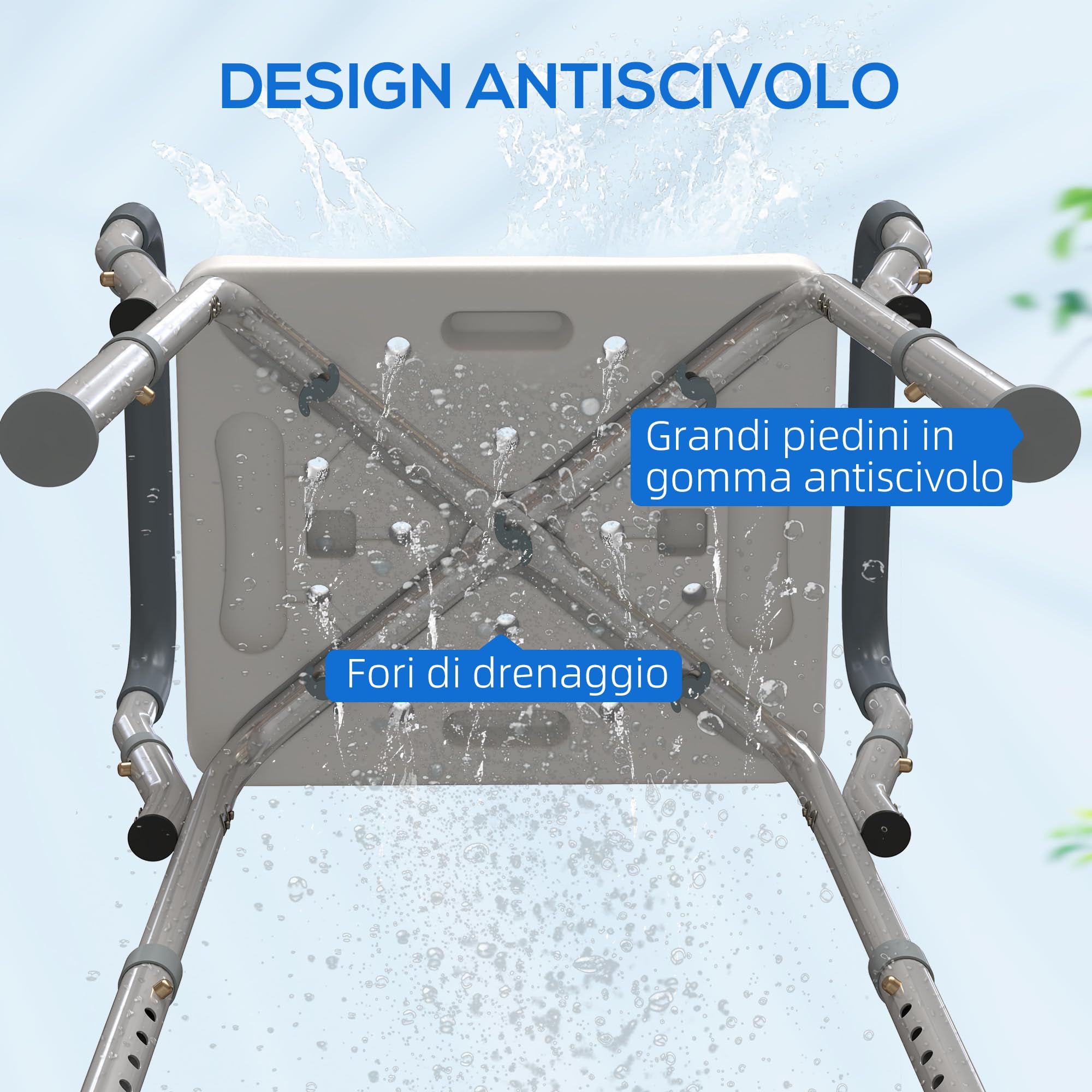 HOMCOM Sgabello Doccia in Alluminio, Sgabello Bagno ad Altezza Regolabile 57-69 cm con Braccioli, Sedia per Doccia Anziani 150 kg, Sedile per Vasca da Bagno con Piedini Antiscivolo, Blu