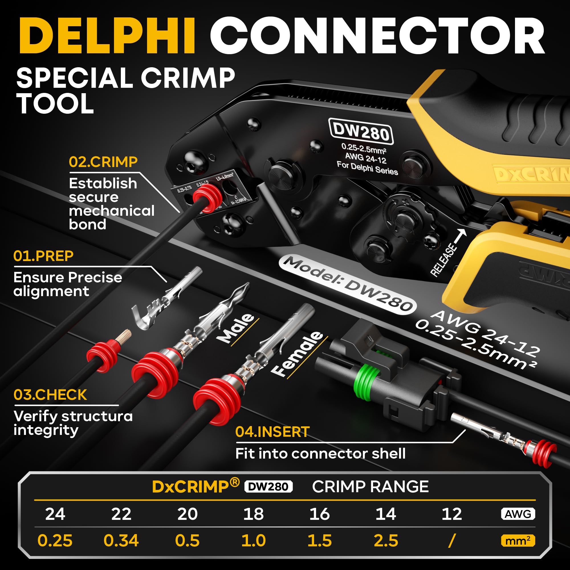 DxCRIMP Kit d'outils à sertir pour pack météo, connecteurs étanches automobiles 1/2/3/4/5/6 broches avec pince à sertir à cliquet 22-12 AWG, pince à dénuder et outil d'extraction, compatible avec