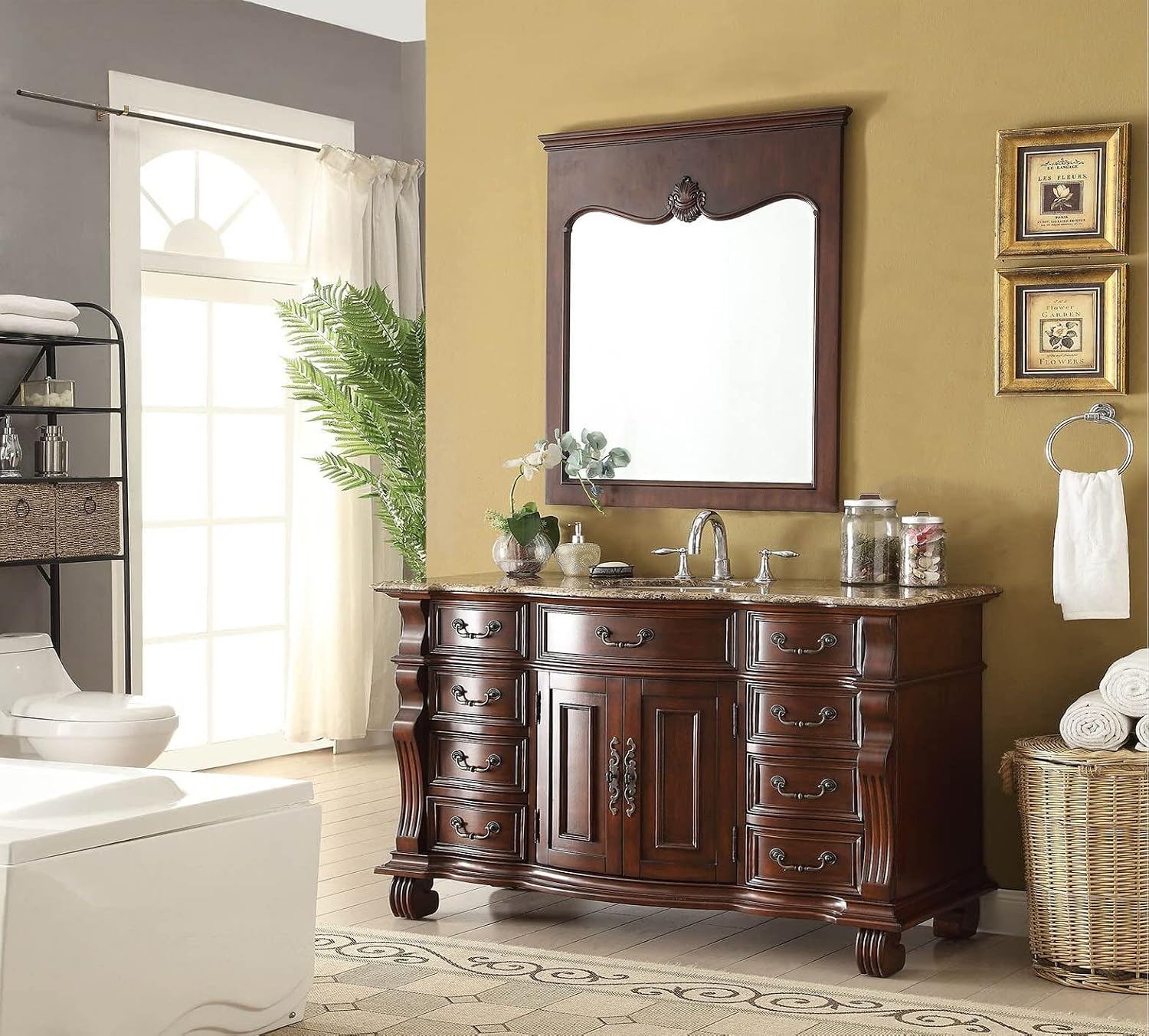 60” Old World Design Hopkinton Bathroom Sink Vanity Cabinet & Mirror Set # GD-4437B-60MIR