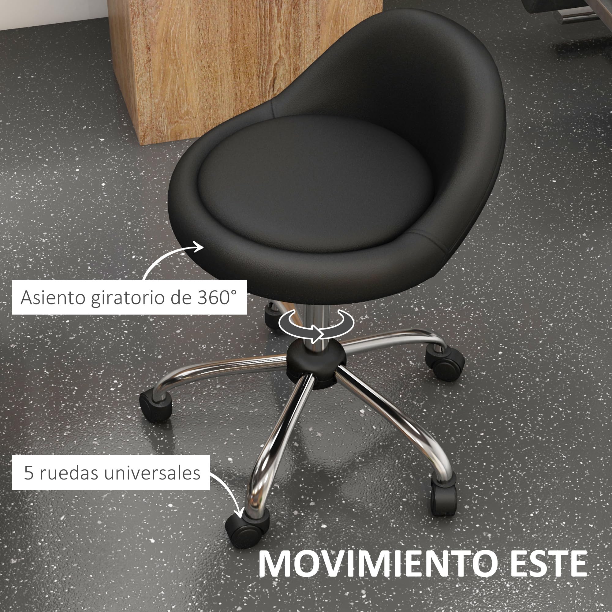 HOMCOM Taburete con Ruedas, Taburete Giratorio Cosmético con Altura Ajustable, Cuero Sintético, Asiento Acolchado y Amplio, para Dentista y Peluquería, Carga 120 kg, Ø50x63-83 cm, Negro