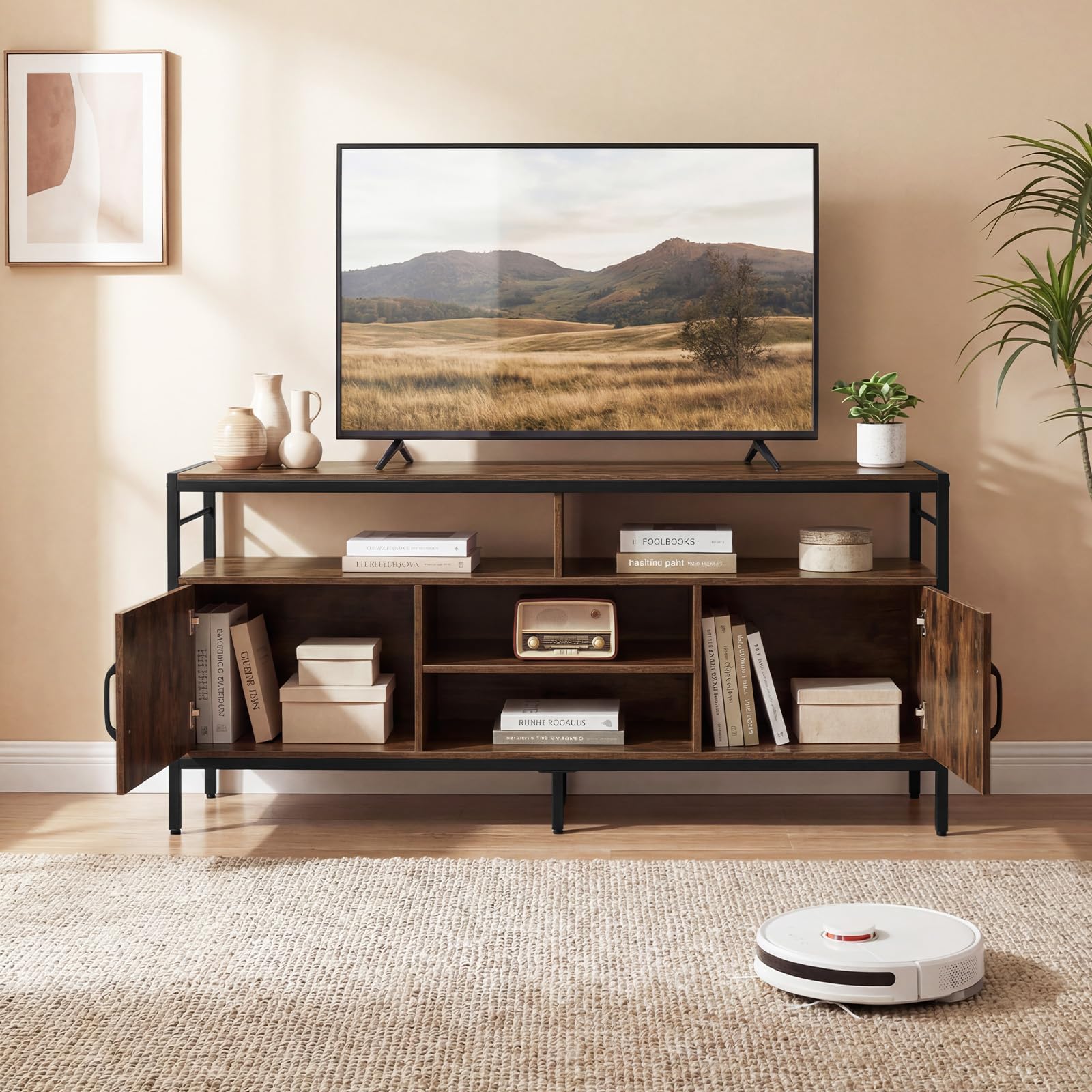COSTWAY Mobile TV Soggiorno fino a 65", con 2 Armadietti e 4 Ripiani Aperti, Tavolino Porta TV con Gambe in Metallo, Centro di Intrattenimento per Soggiorno Camera da Letto (Marrone, 147 x 35 cm)