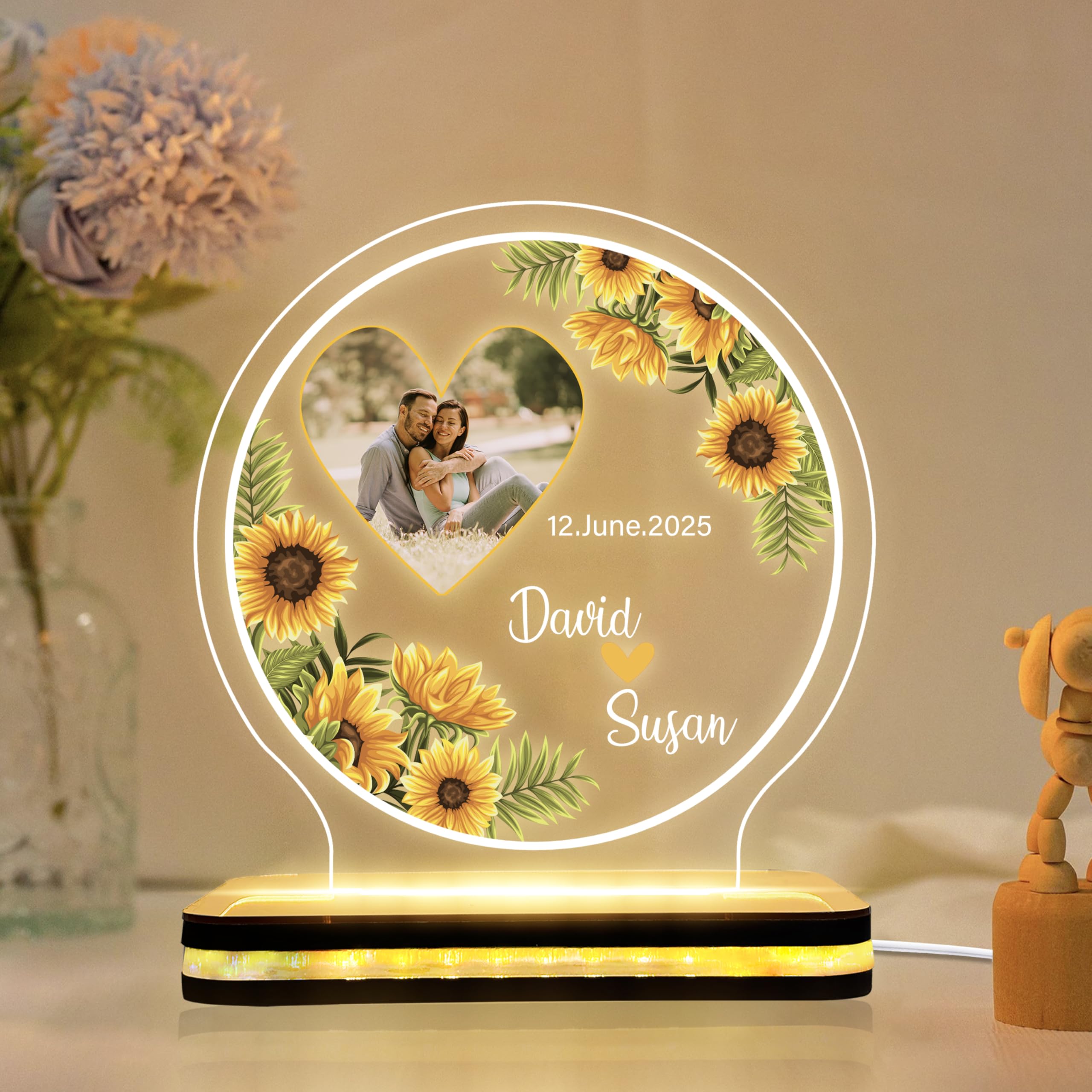 Acrylic LED Night Lamp Sunflower Design | Floral Theme Light | USB Powered Table Lamp | Warm Glow Bedroom Decor | Gift for Anniversary Birthday |(5.5x5.5) Inch-image-32