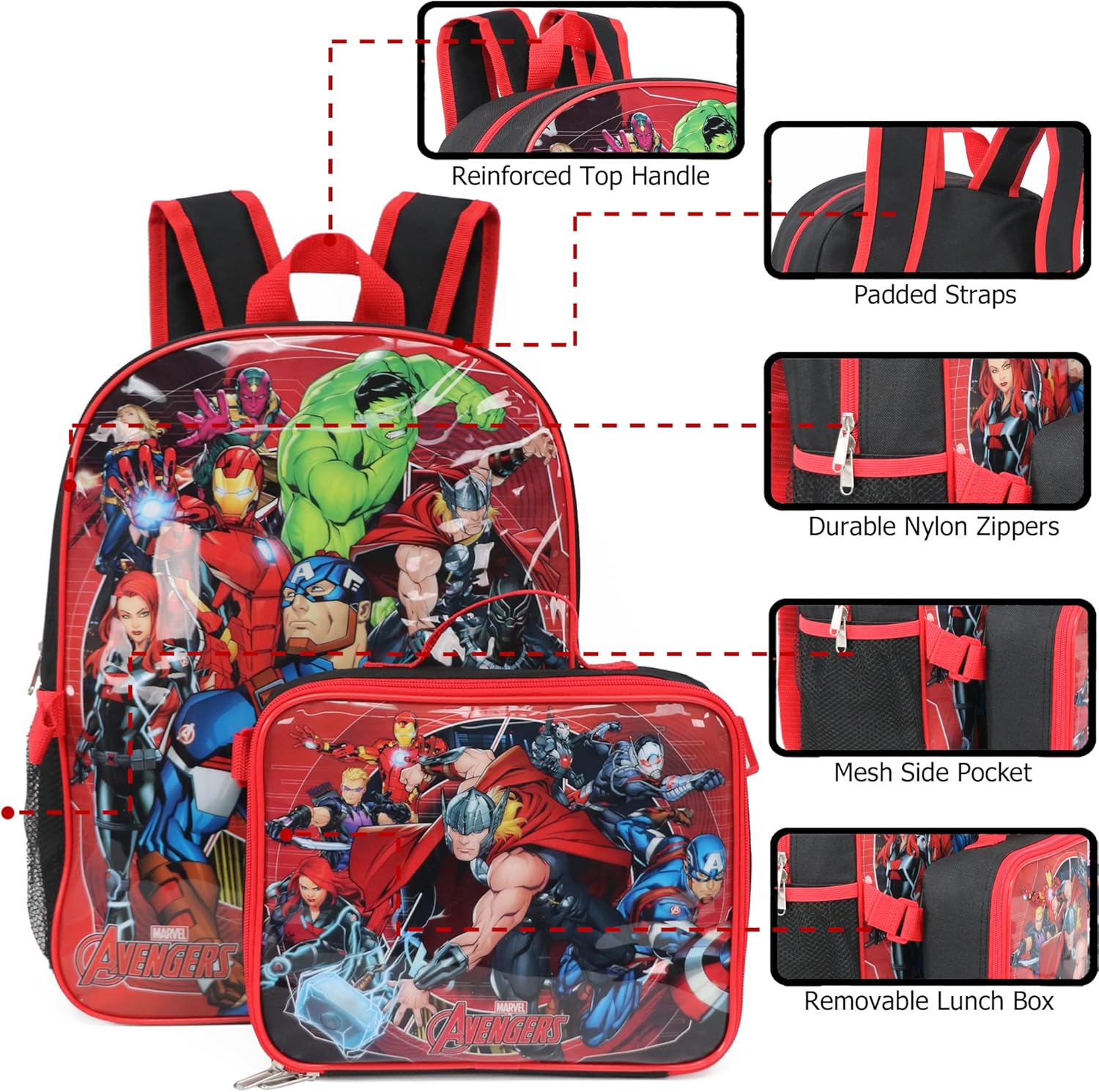 Ruz Marvel Avengers Backpack With Detachable Lunch Box (Red Multi)