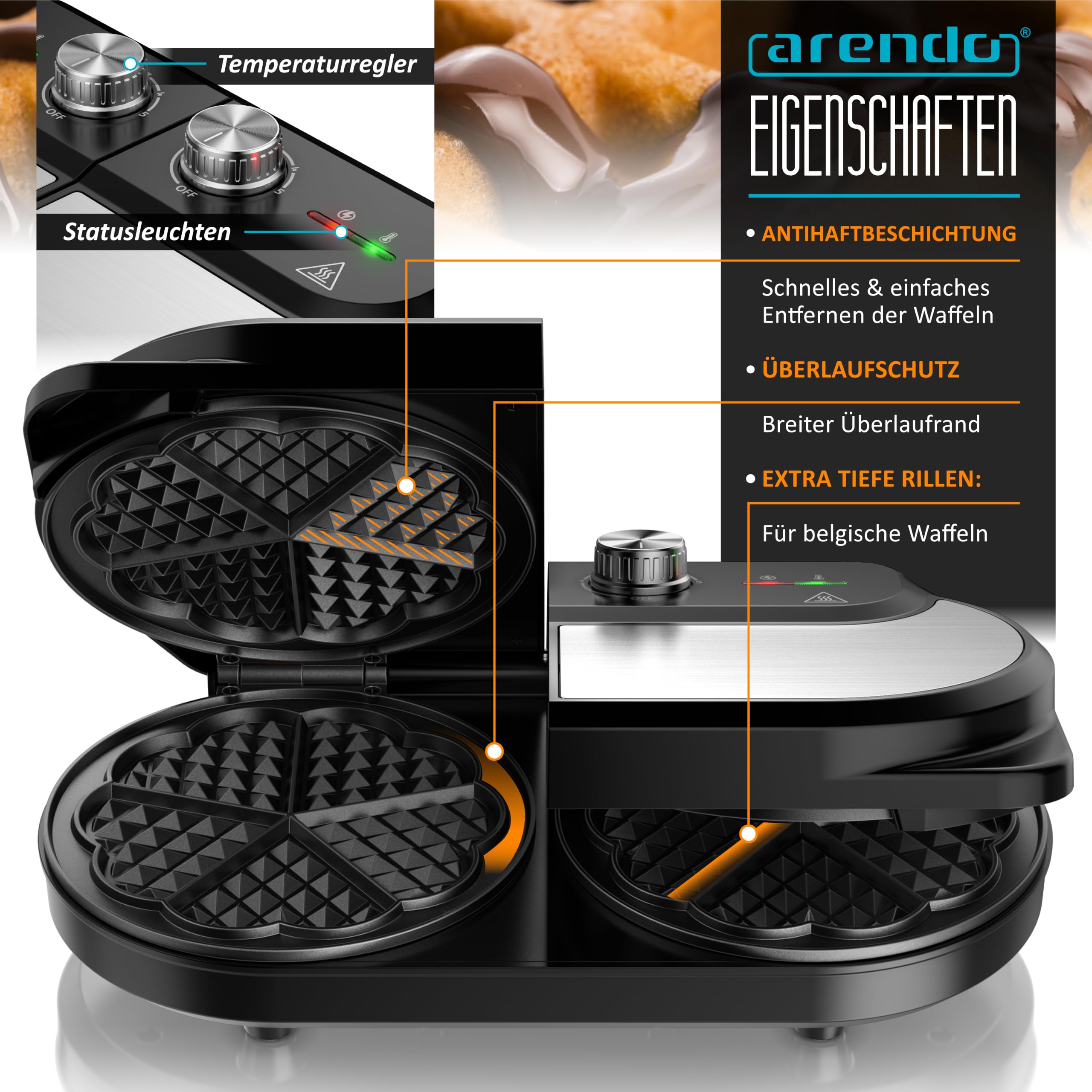Arendo - Waffeleisen doppelt - Herzform - 2 Zonen - Temperaturregler - Antihaftbeschichtung – 1400 W - Edelstahl - silber/schwarz - BPA frei
