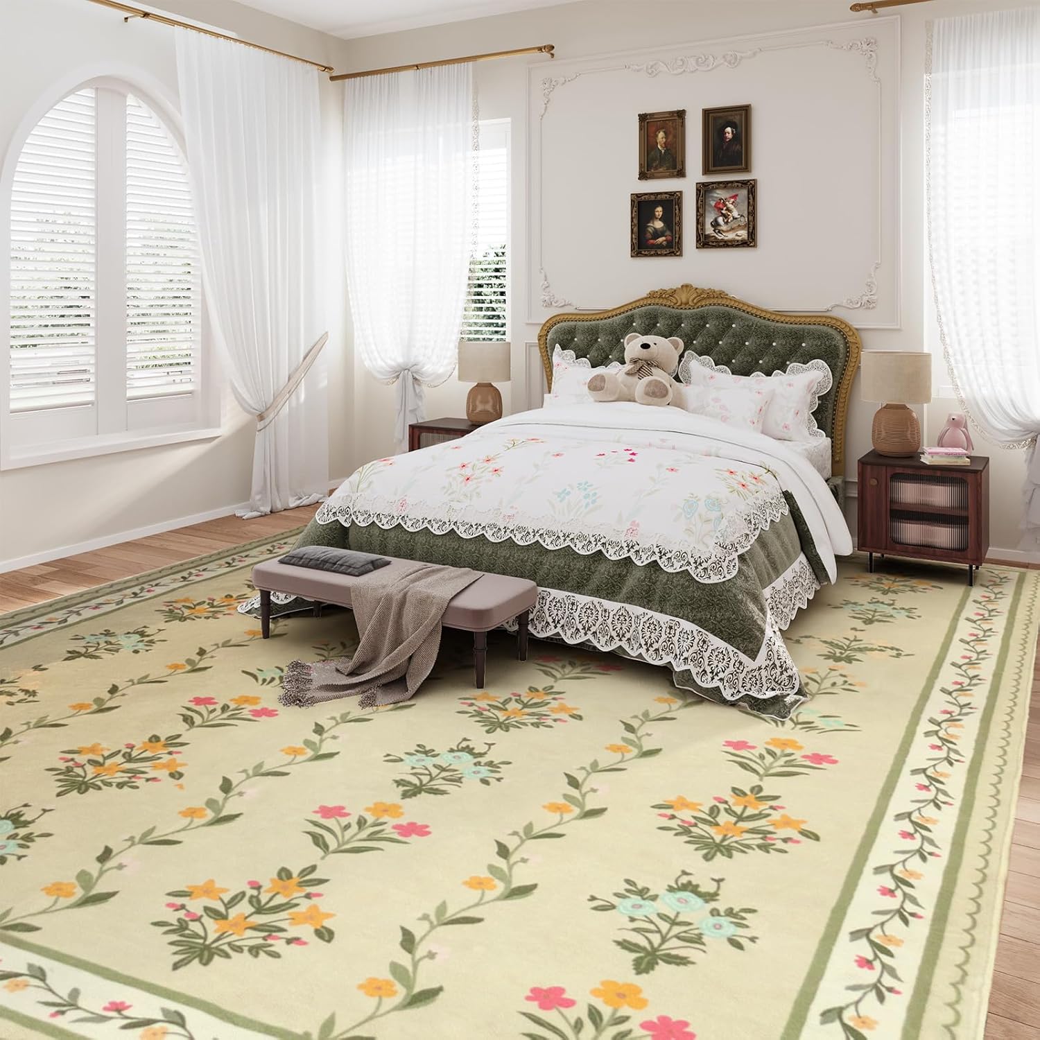 Floral Rugs for Bedroom Girls,8x10 Khaki Nursery Rug,Machine Washable Non Slip Carpet for Toddler Kids Room,Living Room,Playroom