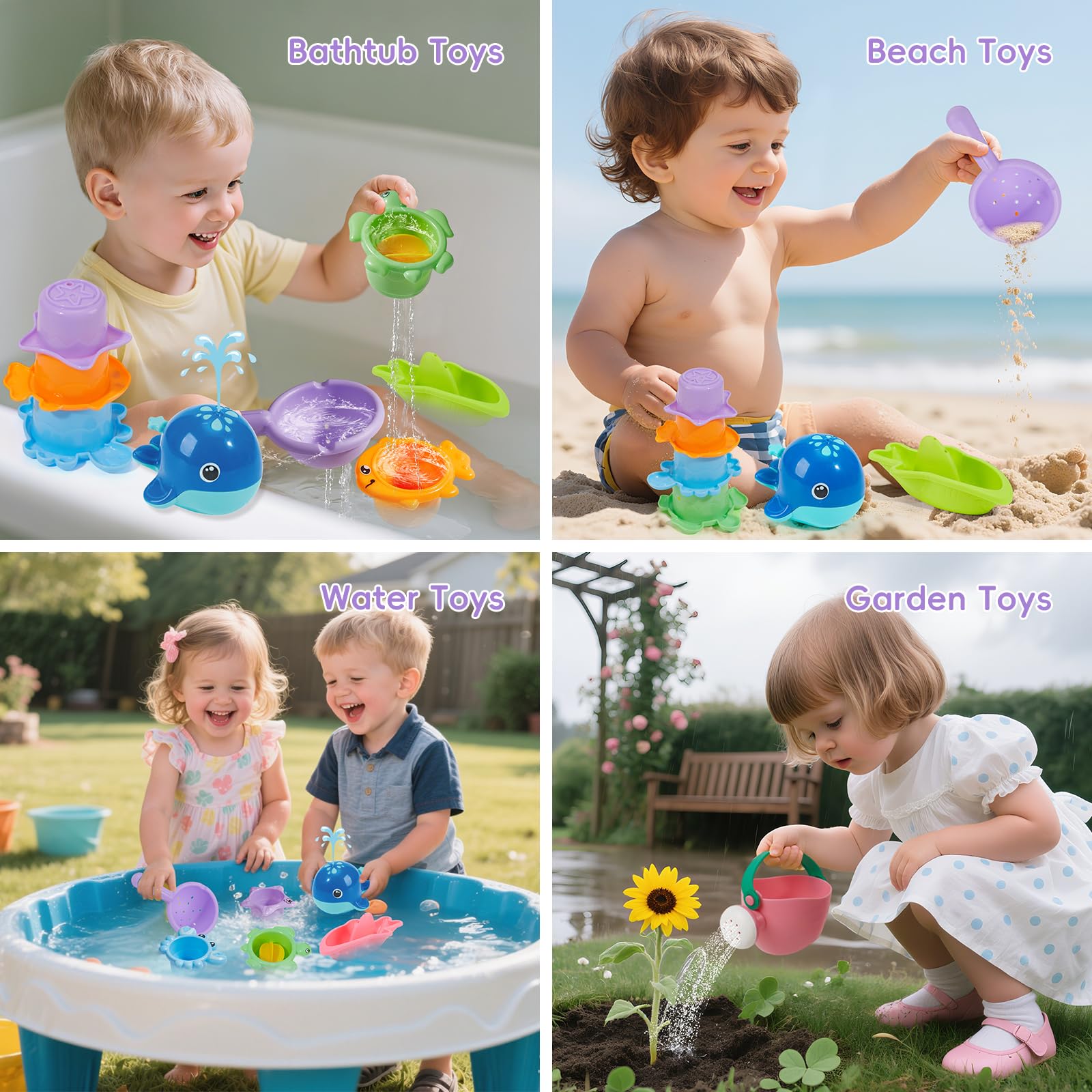 Schimmelfreies Badespielzeug, 11 Stück, sicher, leicht zu reinigen, lustig, schwimmende Löffel und Gießkannen, Wal-Badespielzeug für Babys ab 12 Monaten, buntes Badespielzeug