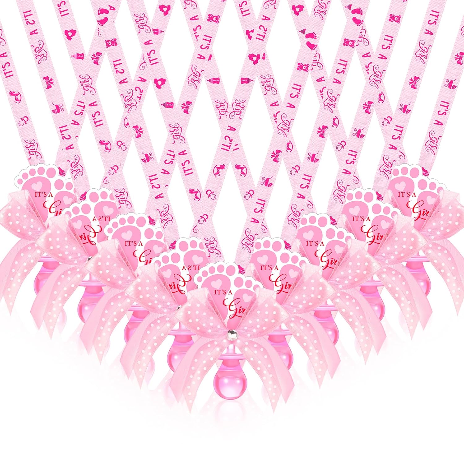 XunYee 48 Pcs Baby Shower Pacifier Necklace Cute Feet Acrylic Pacifiers Necklace for Chupones para Baby Shower Games Favors Table Scatter Decorations Gender Reveal Party Supplies(Pink)