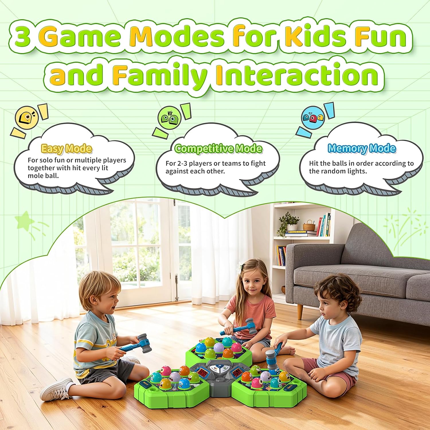 Whack Game Mole for Toddlers, Toys for 3-12 Year Old Boys Girls, Interactive Educational Multiplayer Toys with 3 Modes & 3 Hammers, Sound & Light, Birthday Xmas Gifts for 3 4 5 6 7+ Year Old Boys Girl