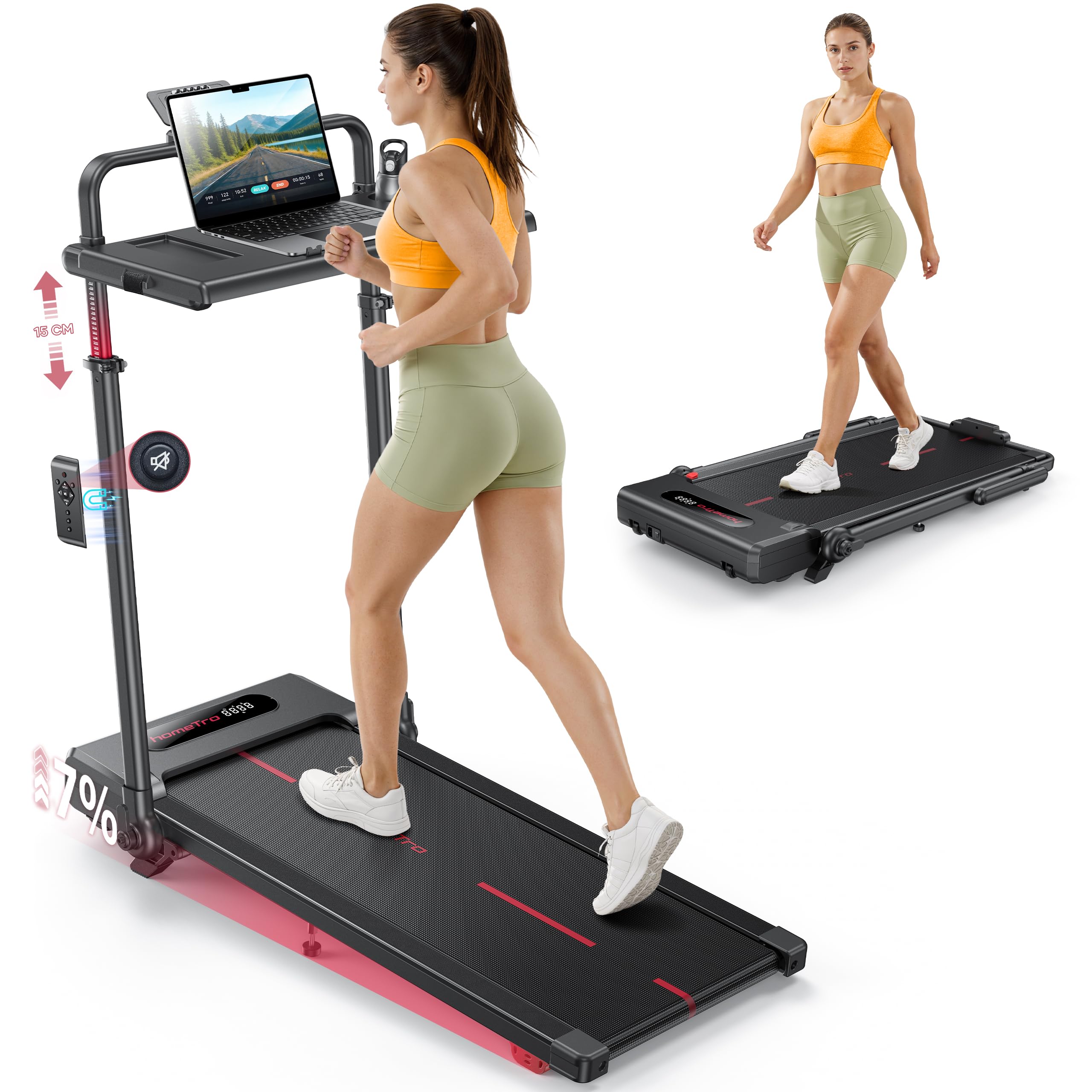 Tapis Roulant Elettrico Pieghevole 3.0HP, Walking Pad Salvaspazio con Inclinazione, Velocità 12 km/h, Doppio Corrimano, Tavolino Rimovibile, Altezza Regolabile +15 cm, Treadmill Casa/Ufficio