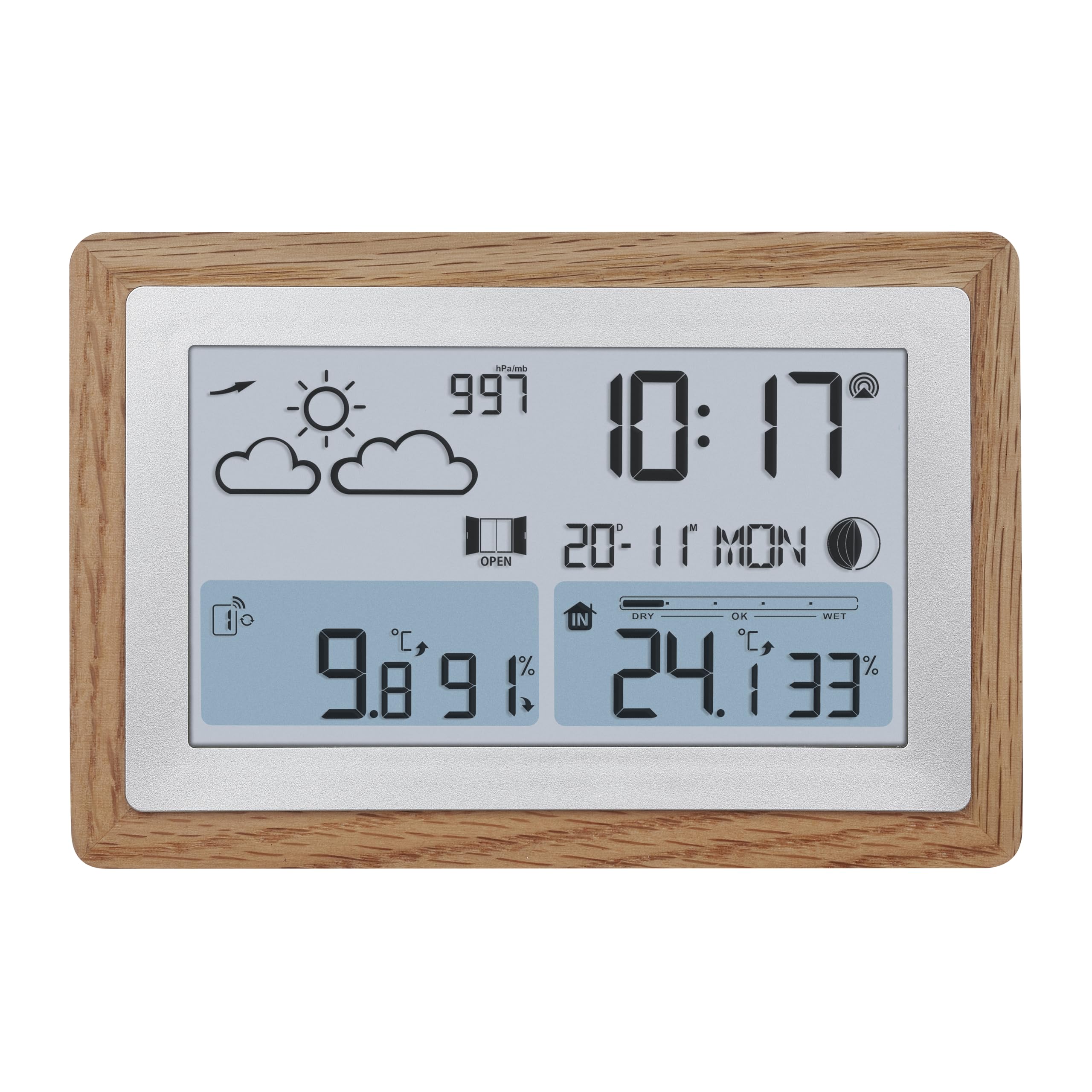 TFA Dostmann Oak 35.1167.54 - Estación meteorológica inalámbrica con sensor exterior y marco de madera, temperatura interior y exterior, ventilación recomendada, intensidad variable, reloj despertador