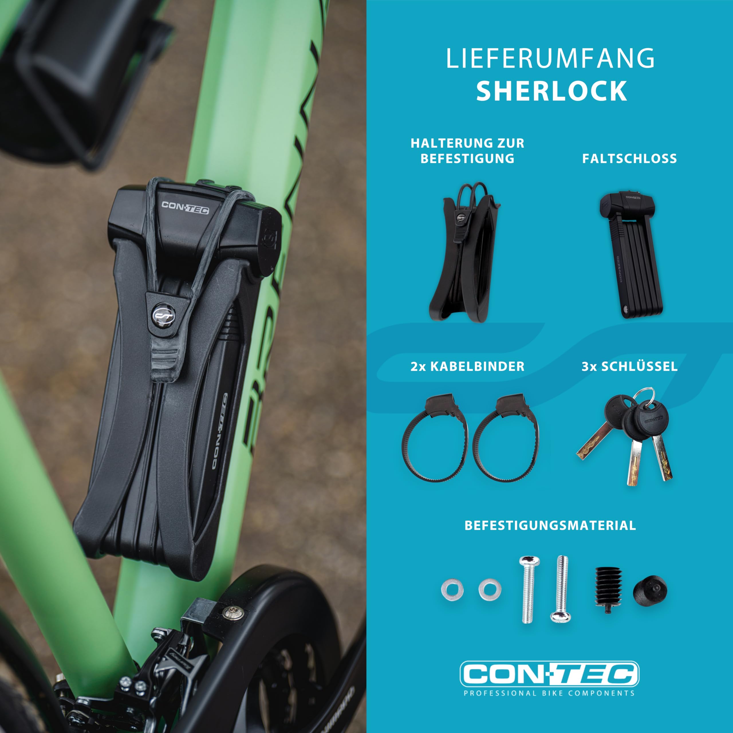 CONTEC Lucchetto pieghevole per bicicletta SherLock, robusto acciaio speciale Tredur, 85 cm, con supporto, sistema a chiave reversibile e serratura a chiave, nero