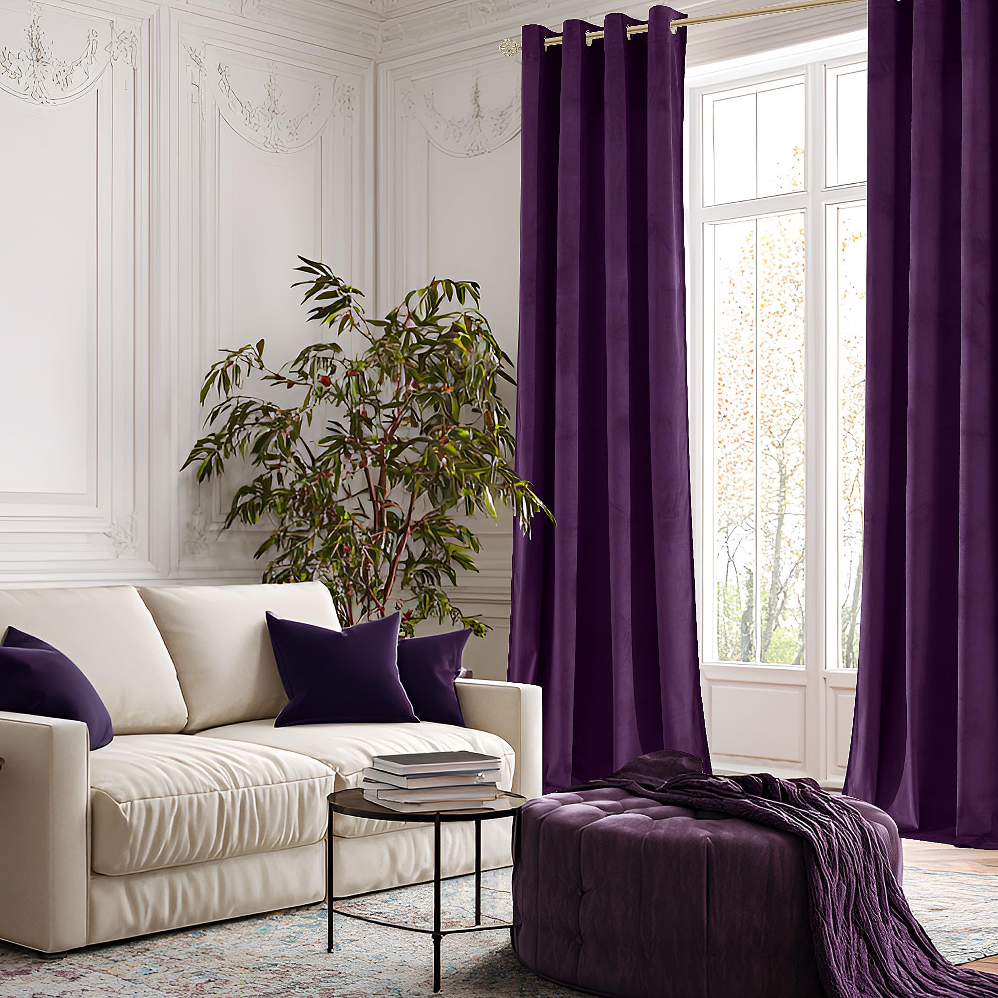 Amazon｜Guibaf ダークパープルベルベットカーテン 長さ63インチ