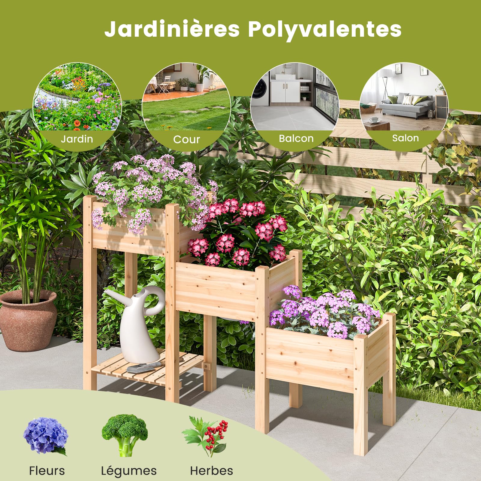 RELAX4LIFE Carré Potager Surélevé à 3 Étages en Bois | Jardinière Extérieure avec 3 Bacs à Plantes, Trous de Drainage et Étagère de Rangement Ouverte pour Fruits et Légumes