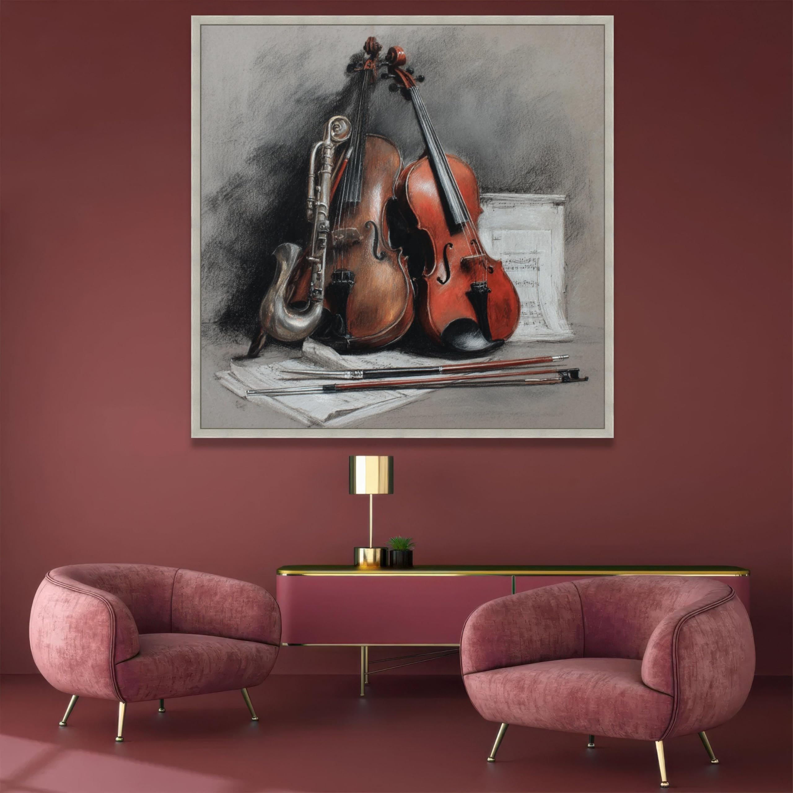 YUSUZHU Quadro su tela con strumenti musicali classici, violino, violoncello, natura morta con sassofono, spartito musicale (60x60 cm/cornice interna)