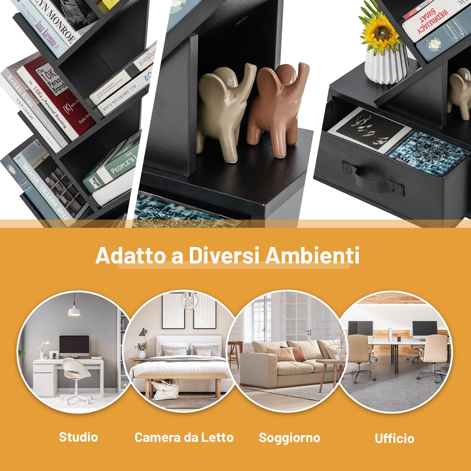COSTWAY Libreria ad Albero in Legno, Scaffale a 10 Ripiani con Cassetto, Portaoggetti Autoportante per Soggiorno, Studio e Ufficio, 38 x 21,5 x 149,5 cm (Nero)