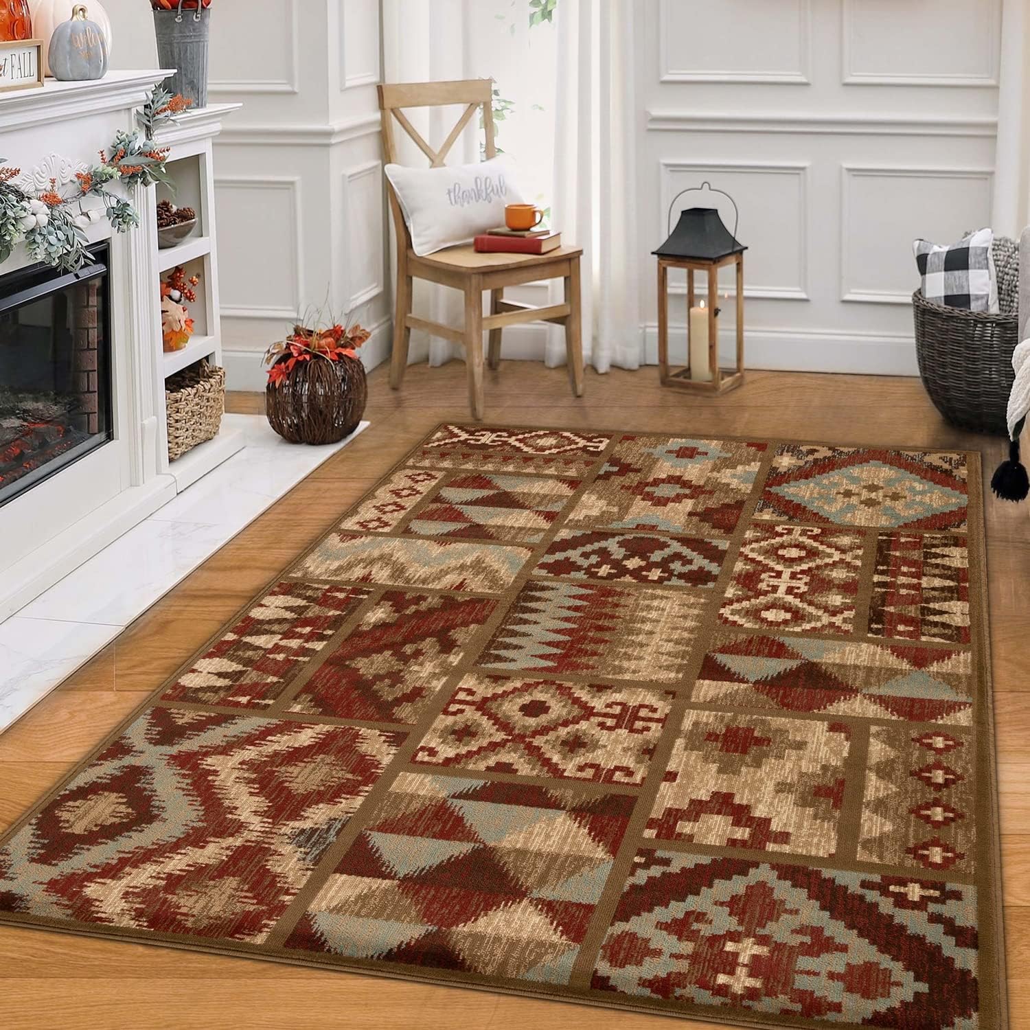 BNM Indoor Small Area Rug with Jute Backing, Great for Entryway, Living Room, Kitchen, Dorm, Bedroom, Hallway, Perfect for Hardwood Floors, Aztec Geometric, 4' x 6', Maroon