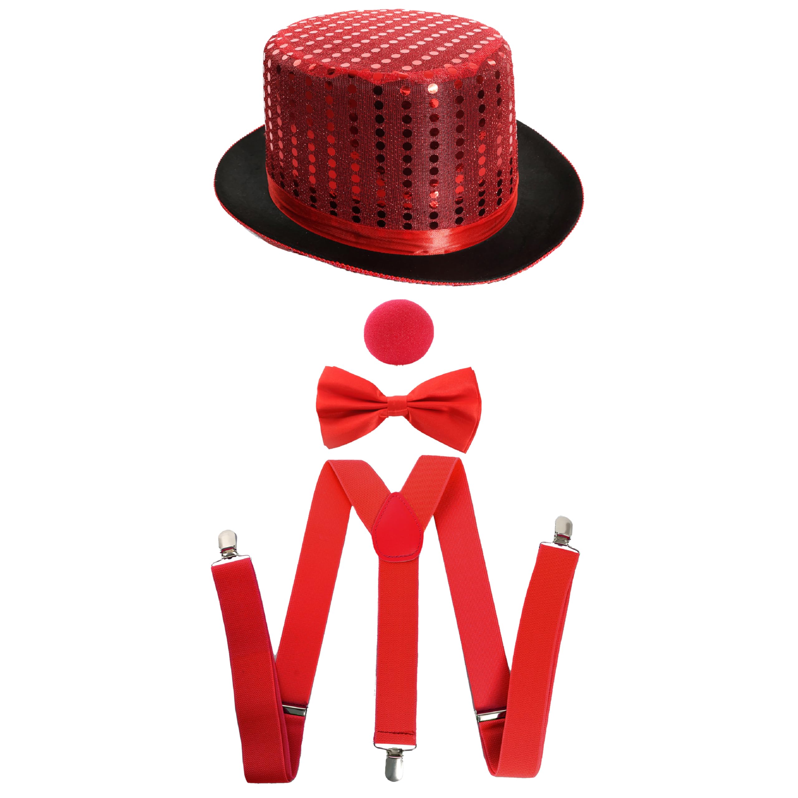 4 Piece Red Nose Fancy Dress Costumes - Unisex Fancy Dress Set: Braces, Nose, Bow Tie and Sequin Top Hat
