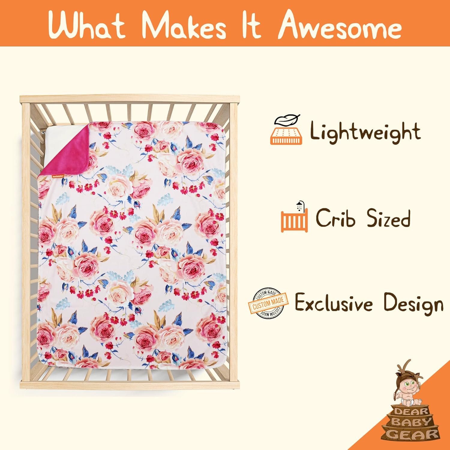 Dear Baby Gear Floral Deluxe Baby Blanket - Reversible, Milestone & Newborn Gifts for Girls and Boys - Vintage Roses with Blue Accents, Hot Pink, 40 x 30 Inches