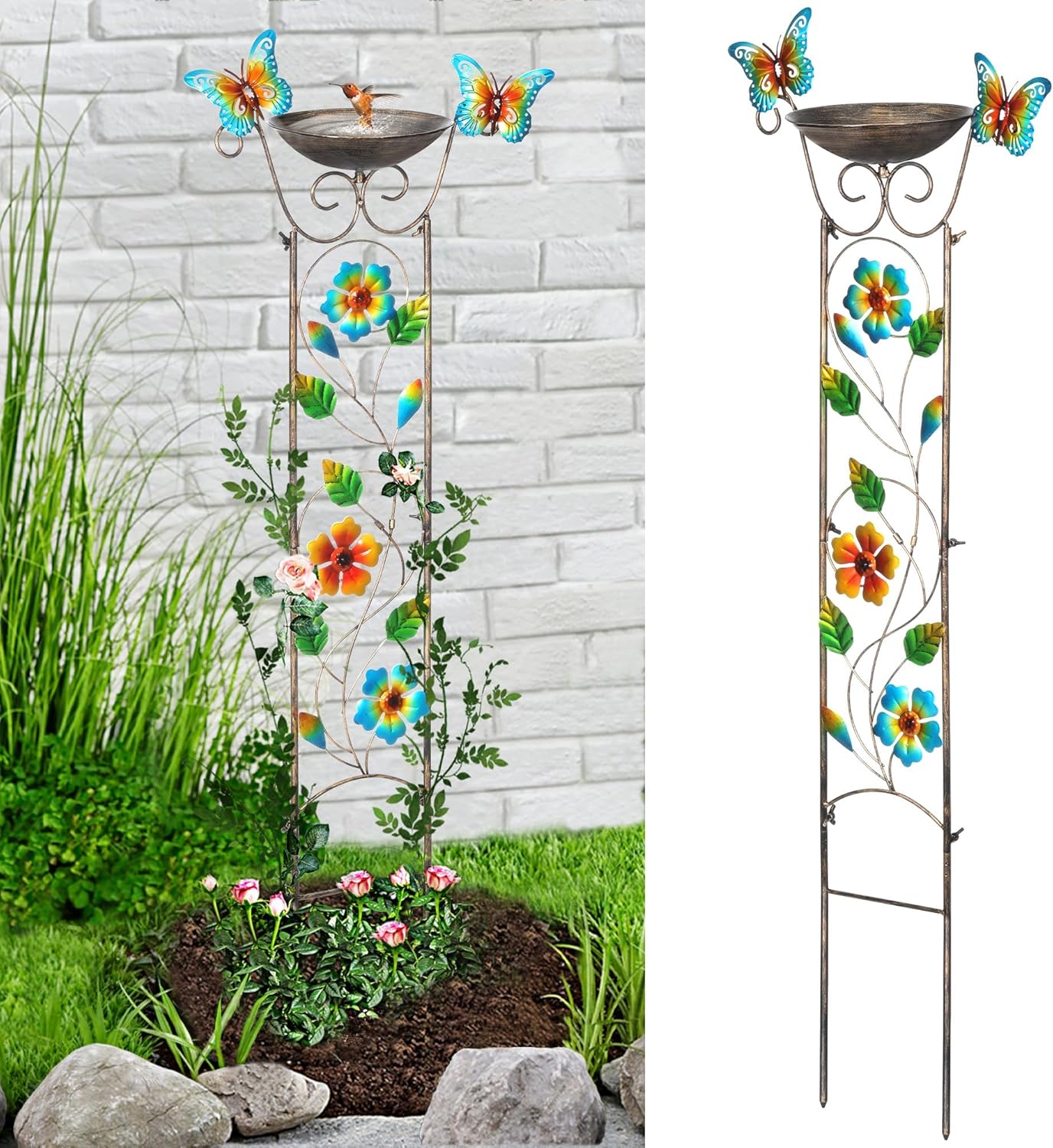 Garden Trellis Bird Bath Outdoor, 43.5 Inch Antique Iron Garden Plant Trellis Decorative with Butterflies and Detachable Drinking Basin Bowl, Free Standing BirdBath Birdfeeder Station