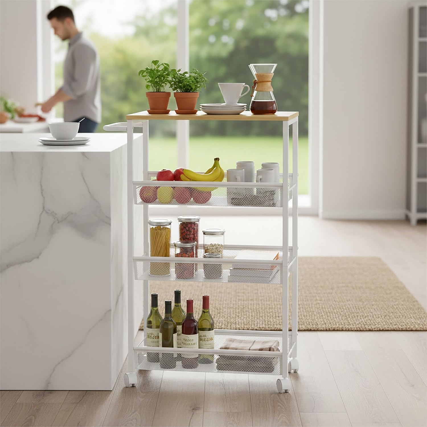 Relaxdays Niche Trolley, H x W x D: 77 x 22 x 45 cm, Narrow Recess Shelf, Bathroom & Kitchen, 4 Levels, Metal Rolling Shelf, Natural/White