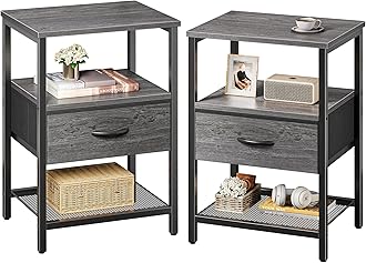 Huuger Nightstand Set of 2, Night Stand with Fabric Drawer, Mesh Shelf, Side Table with Storage, Fabric Drawer Dresser, Open Shelf, Metal Frame, Bedroom, Grey