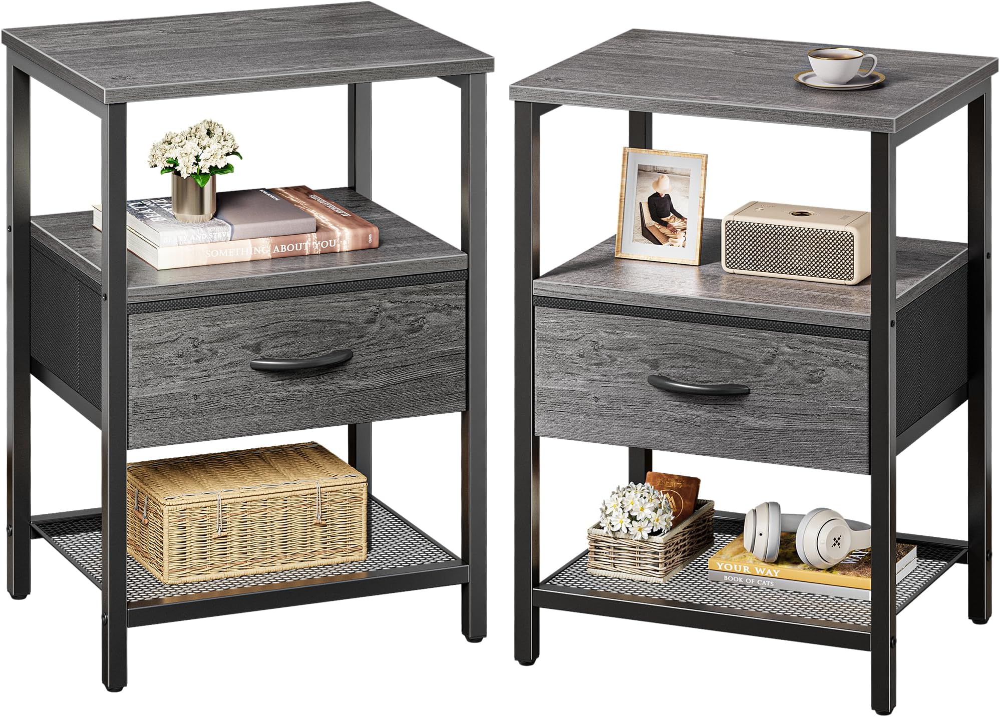 Huuger Nightstand Set of 2, Night Stand with Fabric Drawer, Mesh Shelf, Side Table with Storage, Fabric Drawer Dresser, Open Shelf, Metal Frame, Bedroom, Grey