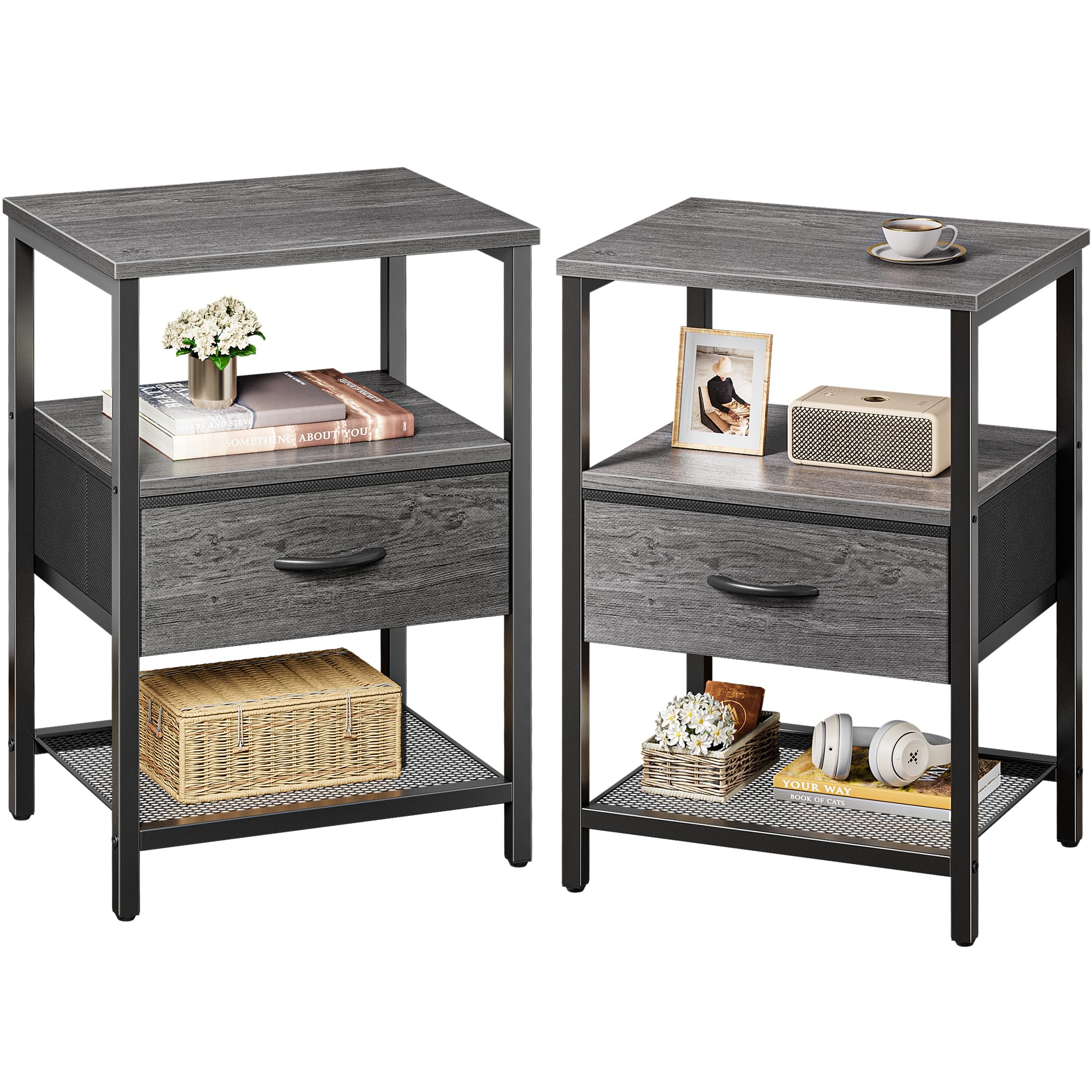 Huuger Nightstand Set of 2, Night Stand with Fabric Drawer, Mesh Shelf, Side Table with Storage, Fabric Drawer Dresser, Open Shelf, Metal Frame, Bedroom, Grey