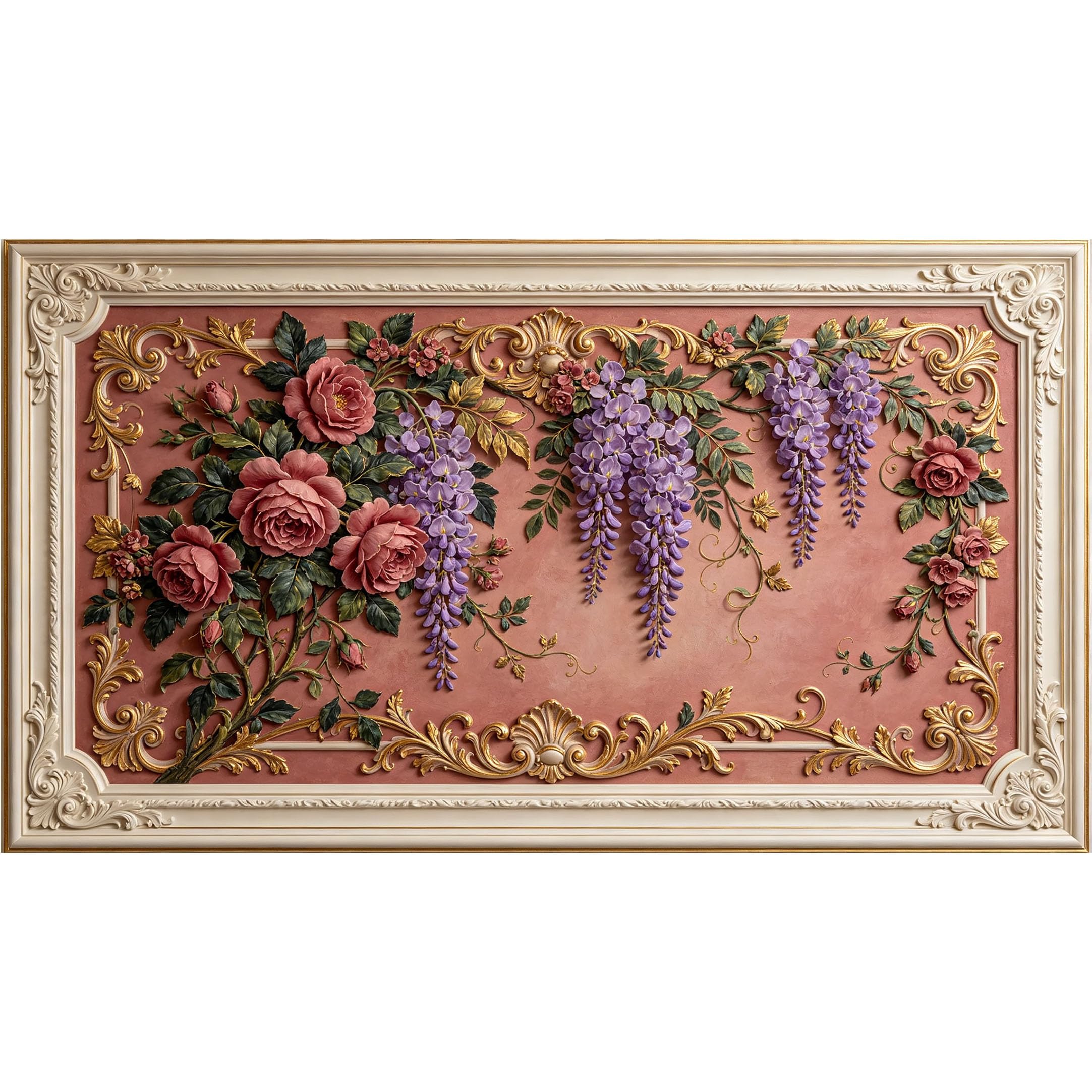 QZLITHOTIC 50x90cm3D Framed Wall Art， Vintage Botanical Rose and Wisteria Pattern Self‑Adhesive Mural， Water‑Activated Peel & Stick Fabric Decor Wall Decal for Bedroom Living Room