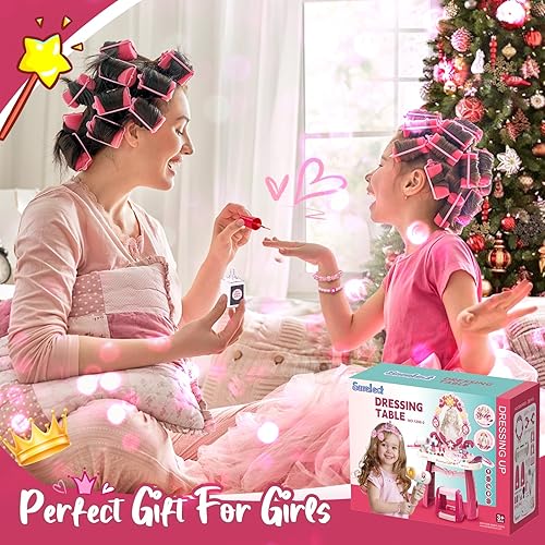 Miniatura 6 de Juguete de mesa de maquillaje para niños pequeños con espejo y silla, juego de tocador para niños con luces y sonidos secador de pelo, accesorios de