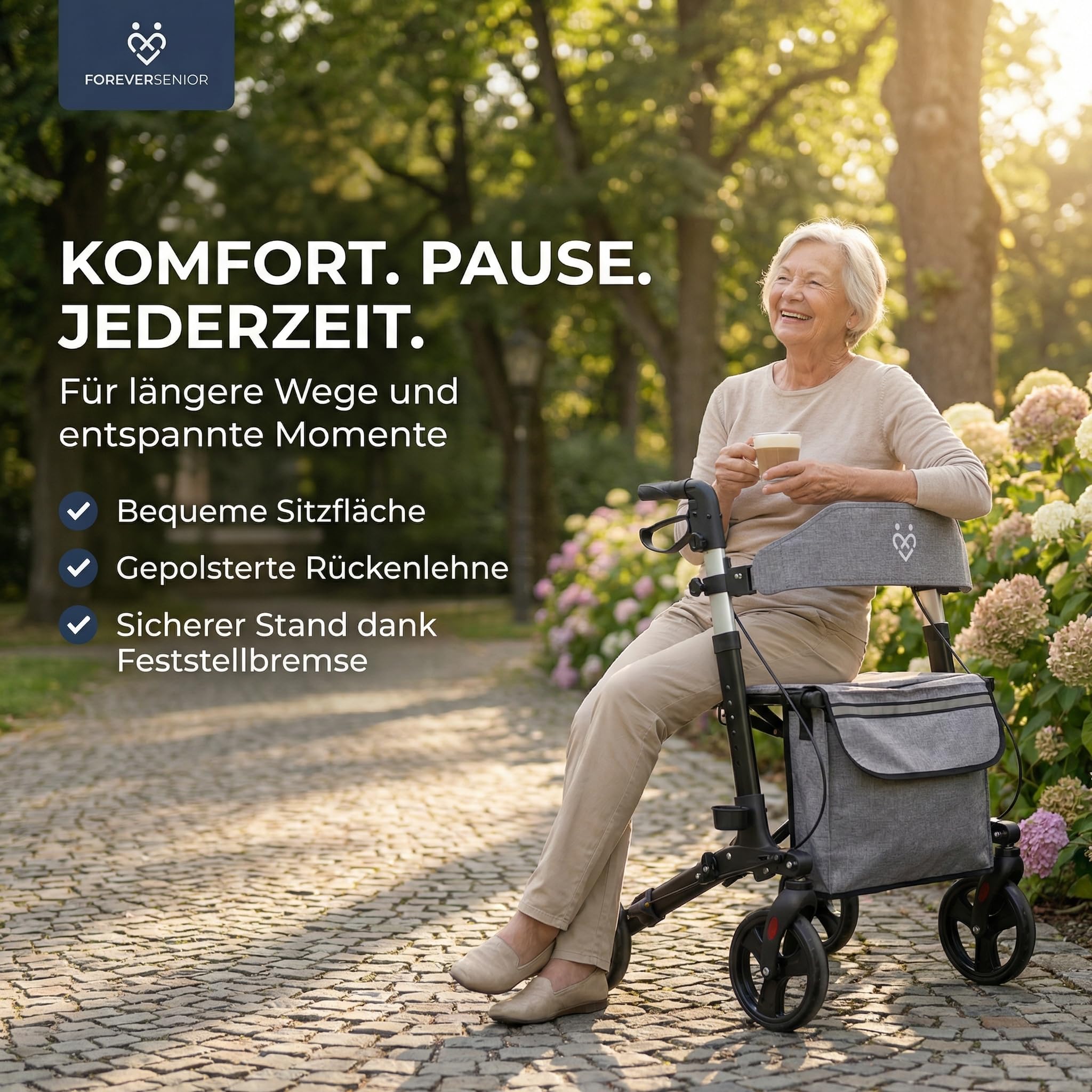Rollator - 3-fach faltbar und leicht mit Sitz und All Gelände Reifen, schmaler 7,2kg Reiserollator zum Klappen für Senioren