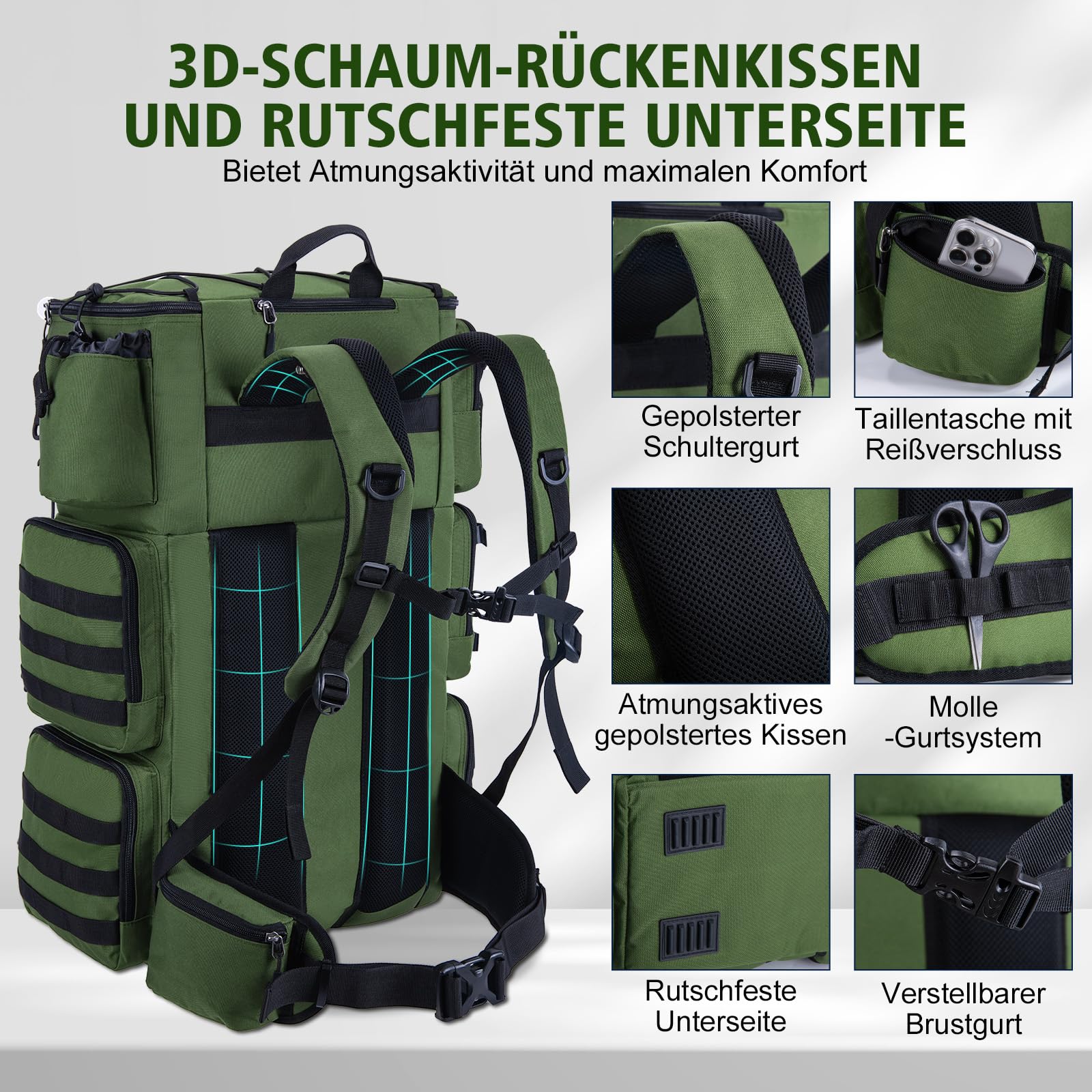 Goture Zaino da pesca da 72 l, con borsa termica (16 l), scomparto asciutto e bagnato, scomparti regolabili, borsa impermeabile per attrezzi da pesca, campeggio, escursionismo, Verde Militar, Zaino