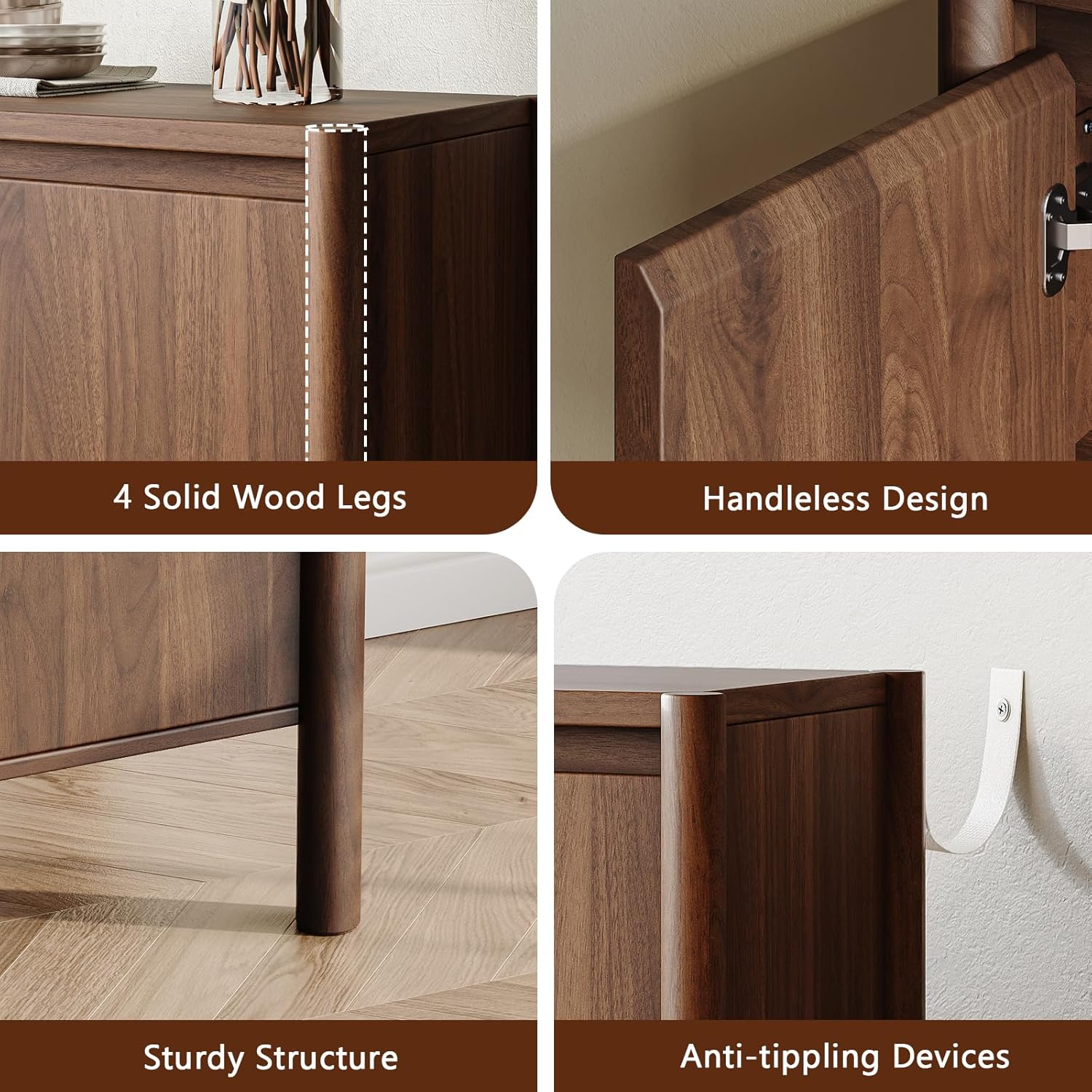 59" Wide Walnut Buffet Cabinet Storage,4 Doors and Adjustable Shelves,Solid Wood Round Legs,Wood Mid Century Sideboard for Kitchen,Living Room,Coffee Bar.