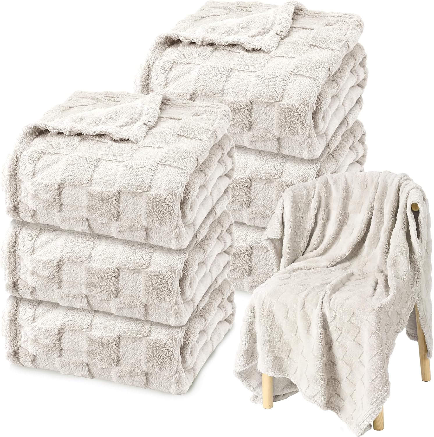 6 Pack Fleece Throw Blankets Bulk 50 x 60 Inches Soft 3D Checkered Flannel Warm Plush Blankets for Couch Sofa Bed Wedding Soft for Pet Bed Couch Office Gifts Travel Seasons Donation(Cream White)