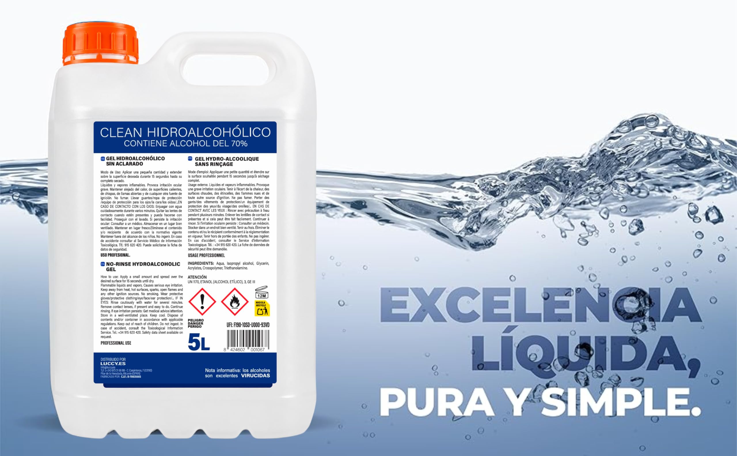 Gel Hidroalcohólico 5 litros | Loción Desinfectante de Manos Garrafa de 5 Litros | 70% Alcohol