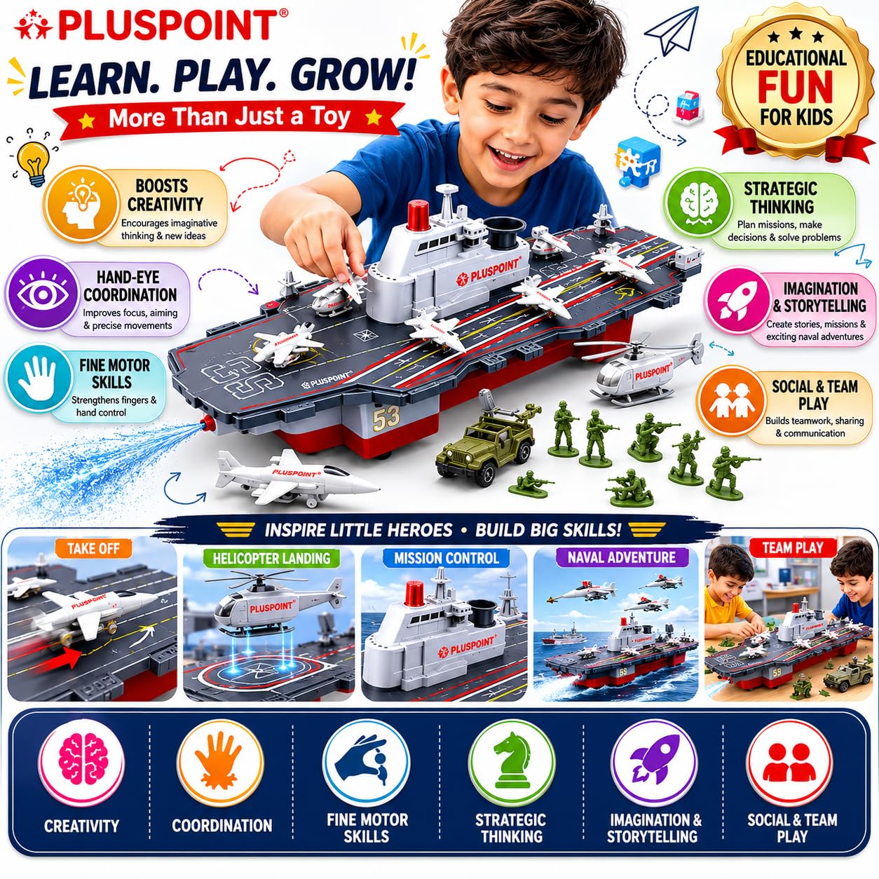 PLUSPOINT Big Aircraft Carrier Friction Powered Push n go with Water Spray Function Simulation Army Ship Warship Weapon Toy Military Vehicles Play Set Battleship Planes Fighter Jet 1