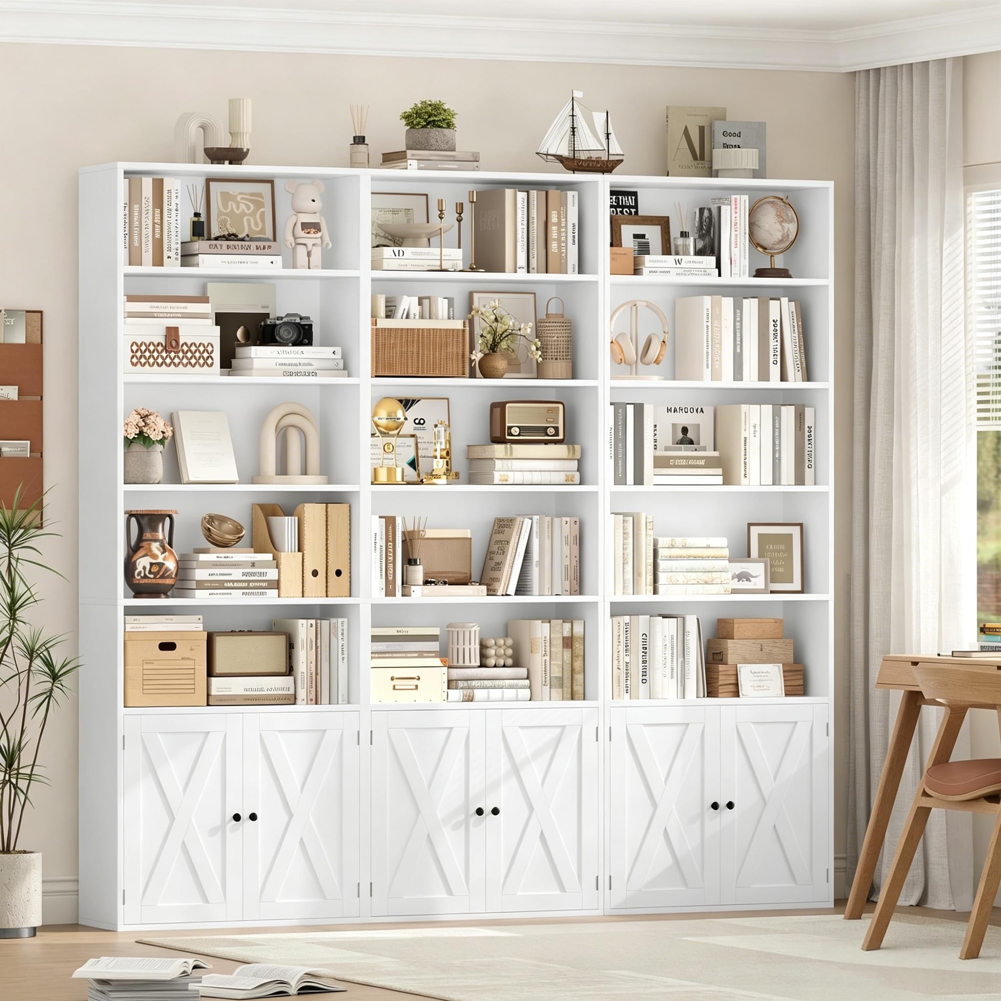 FirFurd Libreria Scaffale 209 cm con 7 Scomparti Aperti, libreria Verticale con Ante, Libreria da Parete con Ripiano Regolabile, per soggiorno, ufficio, cucina, 60 x 23,5 x 209 cm (Bianco)