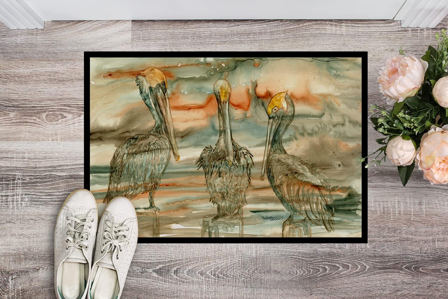 Caroline's Treasures 8980JMAT Pelicans on Their Perch Abstract Doormat 24x36 Front Door Mat Indoor Outdoor Rugs for Entryway, Non Slip Washable Low Pile, 24H X 36W