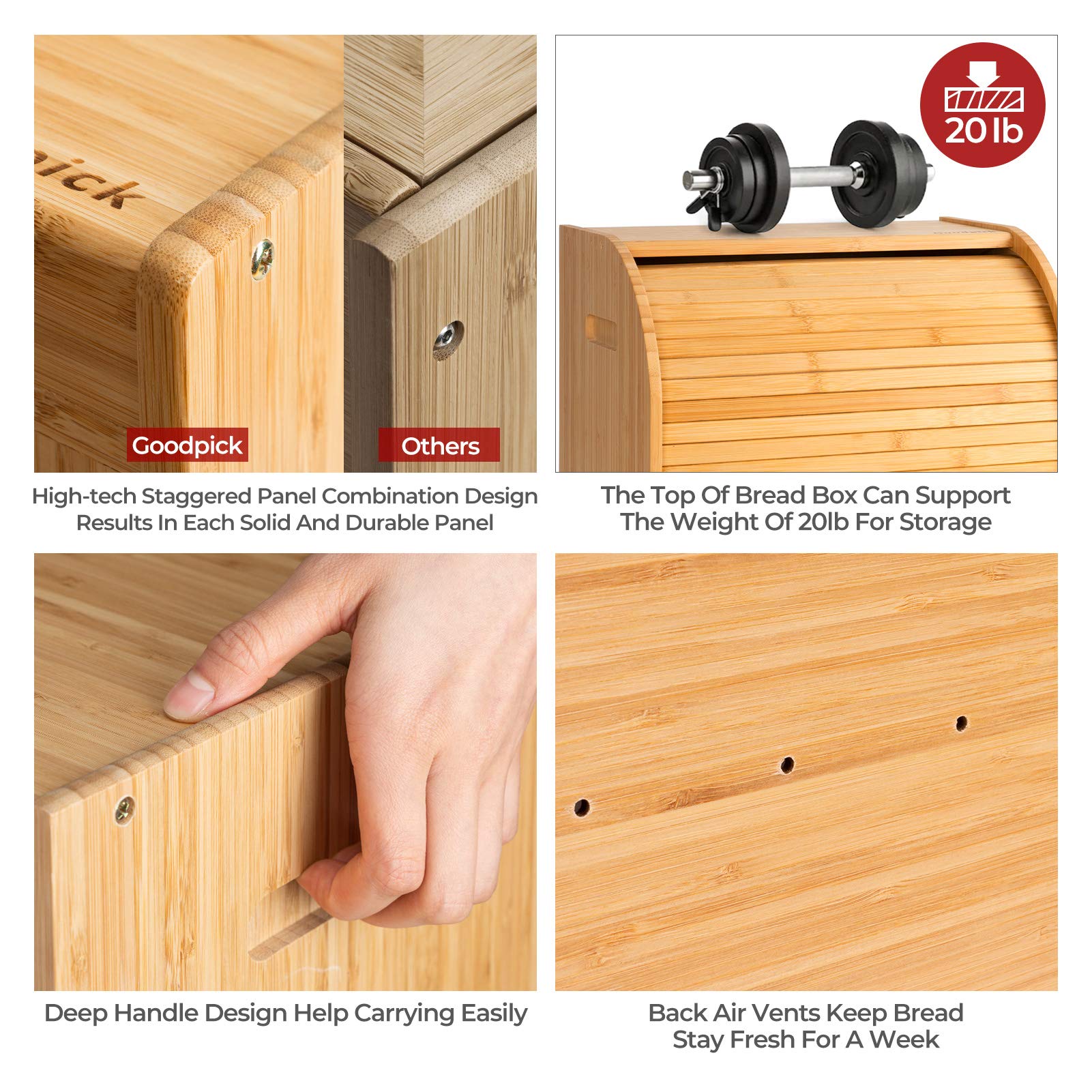 Goodpick Bamboo Bread Storage Box Large Wood Bread Boxes for Kitchen